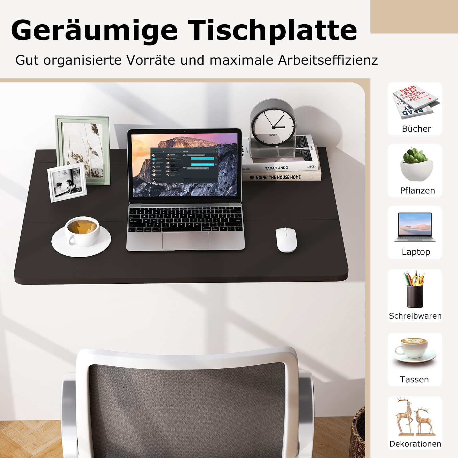 FANTASK klappbarer Wandtisch, Wandmontierter Klapptisch, 80 x 60 cm, platzsparender Küchentisch Wandklapptisch für Küche, Esszimmer & Arbeitszimmer (Braun)