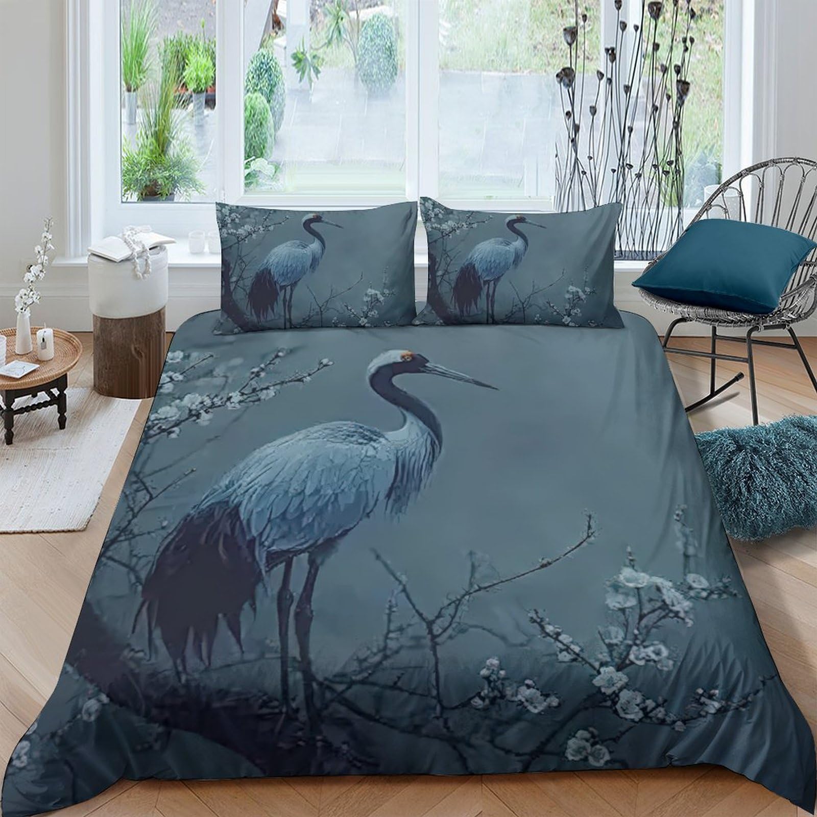 Ctjqhvkz Style-5 3D Printed Blue Crane Fitted Sheet Microfiber Soft Breathable Forest Bird Mattress Cover For Bedroom Guest Room Decor Single（135X200cm）
