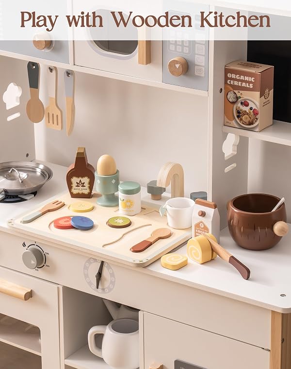 ROBOTIME Play Food Sets for Kids, Wooden Food Toys Play Kitchen Accessories, 30+ Pieces Breakfast Set, Montessori Pretend Play Kitchen Toys, Gift for Boys & Girls Ages 3-6 by ROBOTIME - Image 3