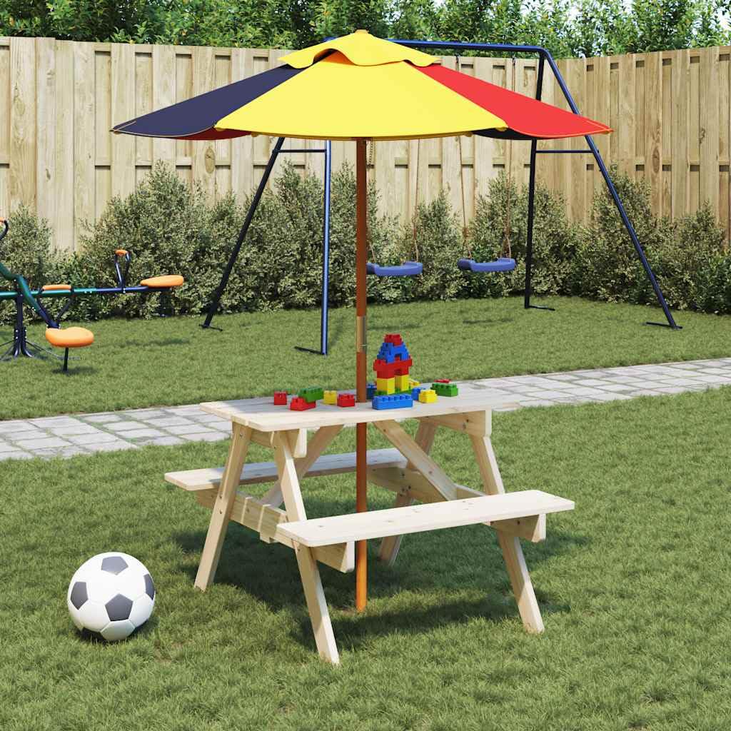 Tavolo da picnic per 4 bambini, in legno di abete massiccio con foro per ombrellone, 71 x 79 x 52 cm, struttura a forma di A, per giardino, terrazza, balcone, veranda, campeggio, barbecue