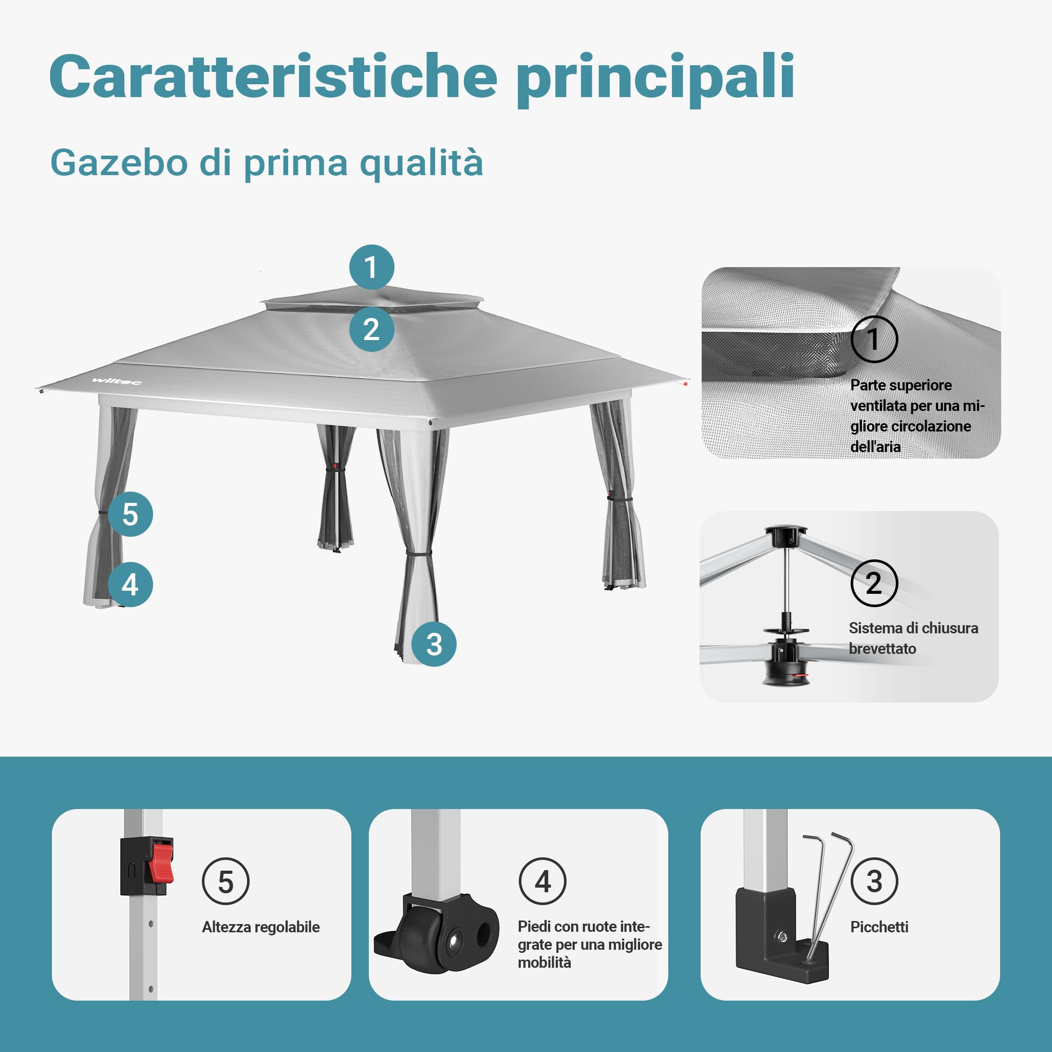 Wiltec Gazebo pieghevole con zanzariera, grigio chiaro 4 x 4 m, impermeabile, UV 50+, Tendone per feste