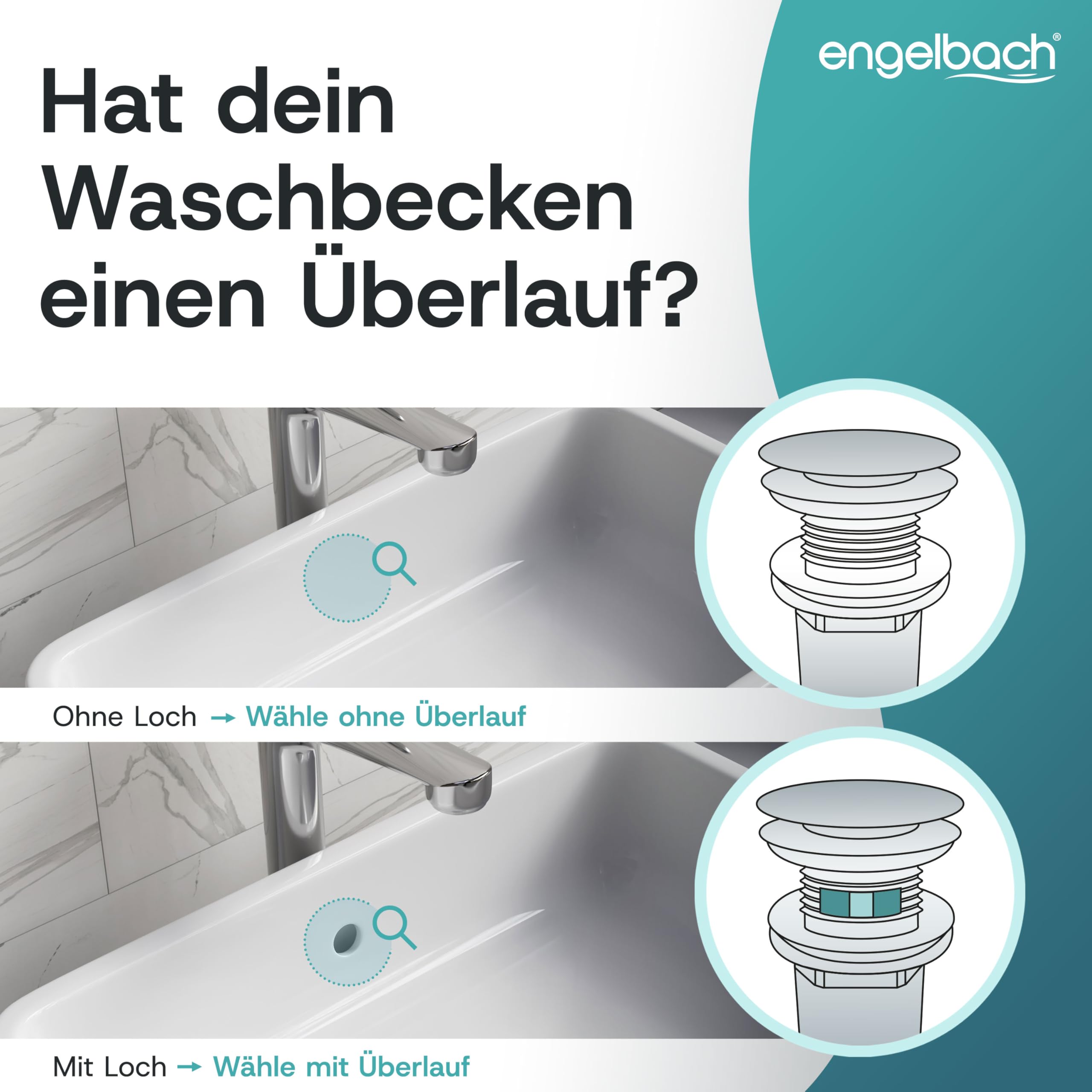 Engelbach® Uniwersalny zestaw odpływowy do umywalki – zawór pop-up (również do umywalek nablatowych) – wyjmowany korek z sitkiem na włosy – w zestawie instrukcja montażu, Ceramiczny z przelewem