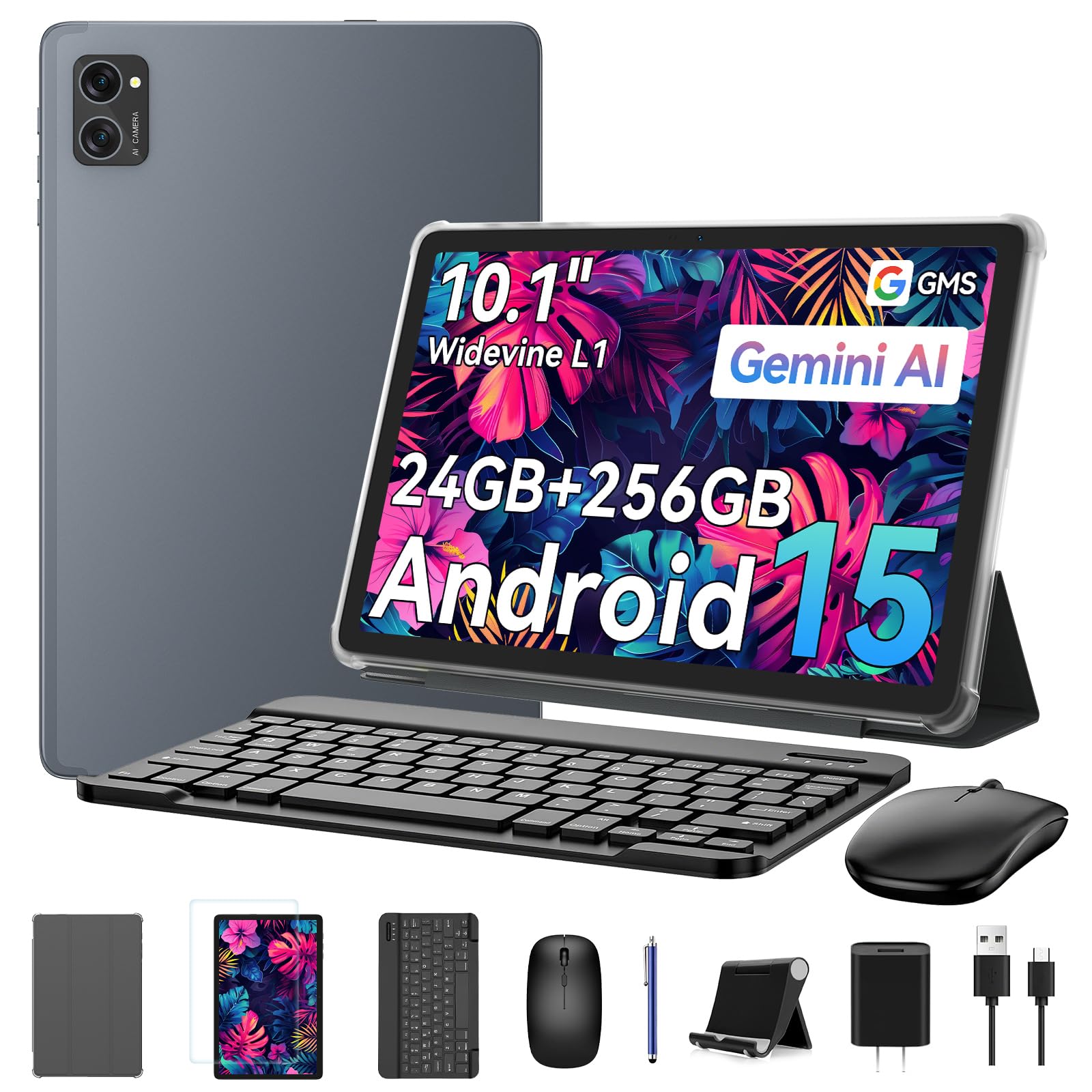 Tablet 10 inch,Android 15 Tablet–Gemini AI,24GB RAM+256GB ROM+2TB,Keyboard & Pen Bundle,Octa-Core, Widevine L1,5G WiFi,Bluetooth 5.0,Smat Lens,2-Year Warranty-Grey