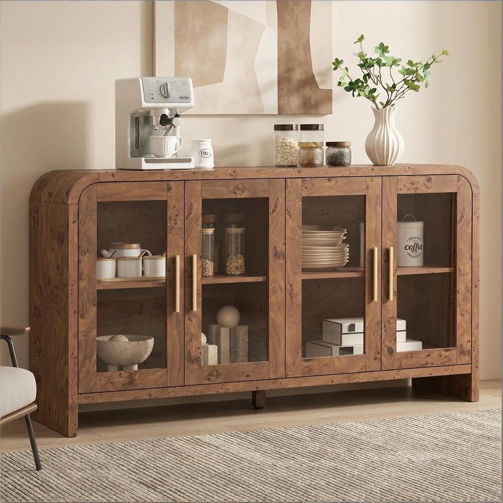 LogMith 59" Sideboard Buffet Cabinet with Storage, Sideboard Cabinet with Adjustable Shelves & 4 Glass Doors,Coffee Bar Console Table for Kitchen,