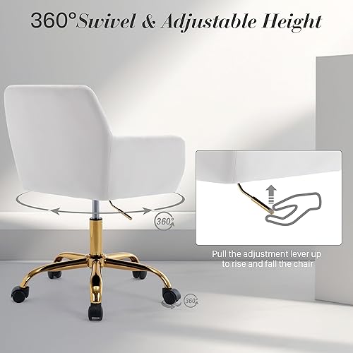 Miniatura 4 de Silla de escritorio giratoria de piel sintética de 360, sillón de oficina en casa ajustable con base dorada para adolescentes, mujeres y niñas,