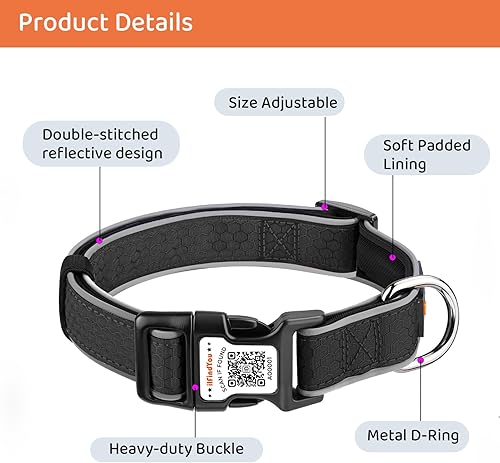 Miniatura 48 de Collar reflectante para perro con etiqueta de código QR, collar de perro personalizado, visibilidad nocturna de seguridad, función antipérdida Negro