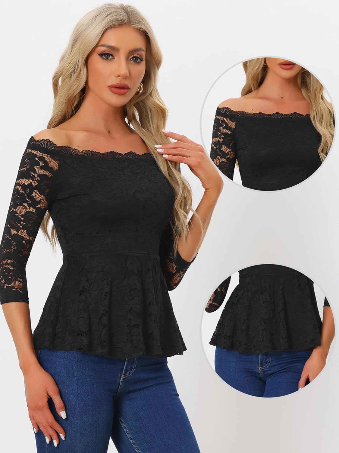 Allegra K Elegant Lace Blouse for Women's Semi Sheer 3/4 Sleeve Off Shoulder Peplum Top - Image 2