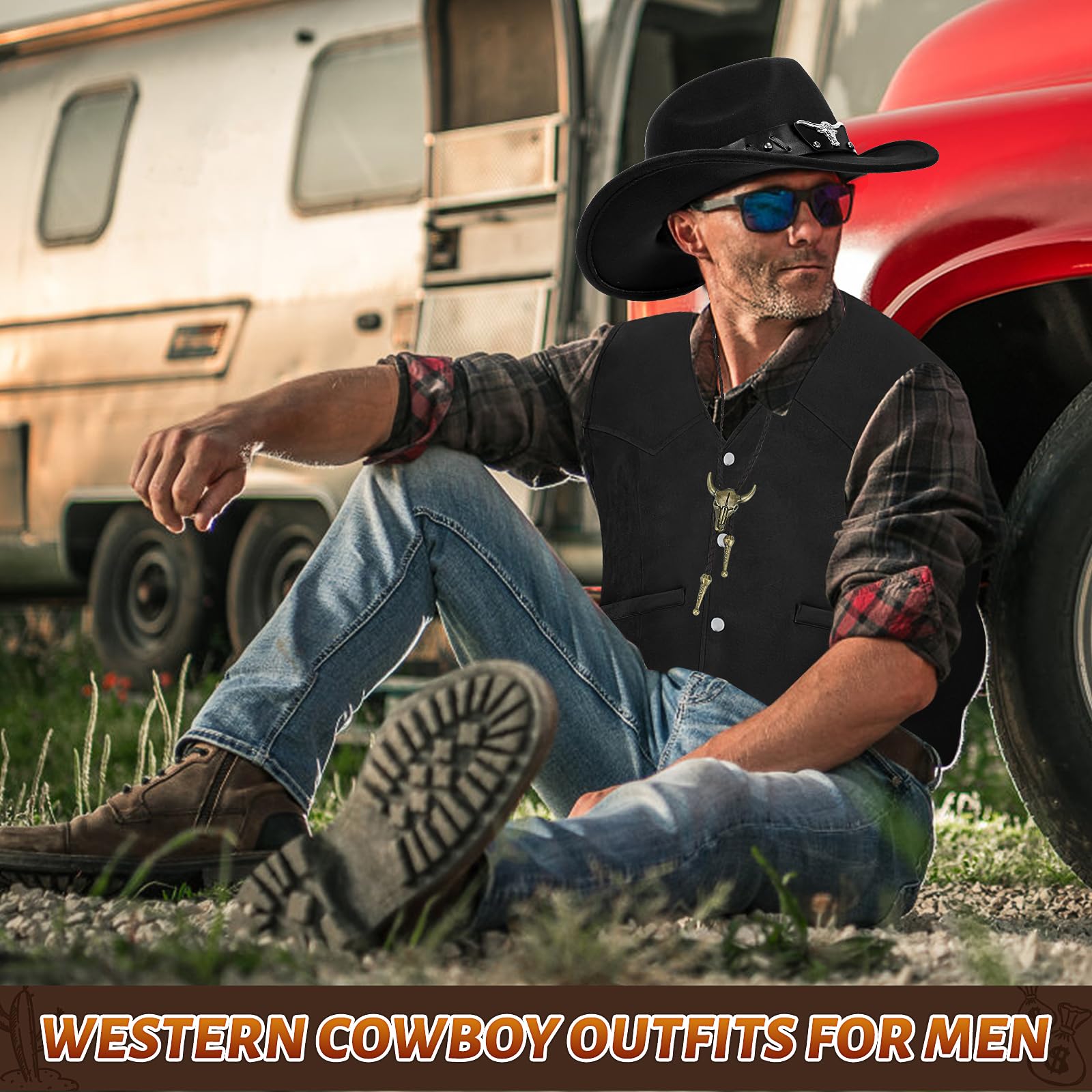 MALLOOM Ensemble de 4 Pièces Tenue Western pour Homme – Gilet Cowboy en Suédine, Chapeau, Cravate Bolo et Ceinture avec Boucle pour Déguisement Halloween