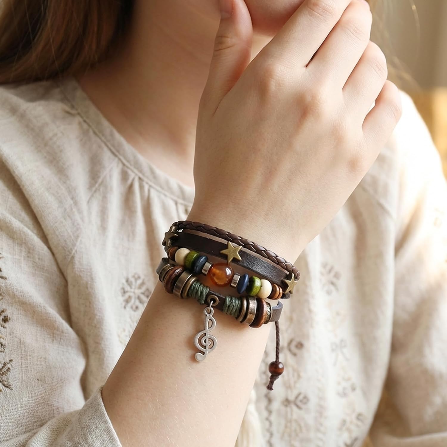 Music Note Bracelet, Grunge Bracelets & Hippie Jewelry for Women Men, Boho Leather Wristband, Bohemian Music Charm Accessory, Fairycore Aesthetic Y2K Gift