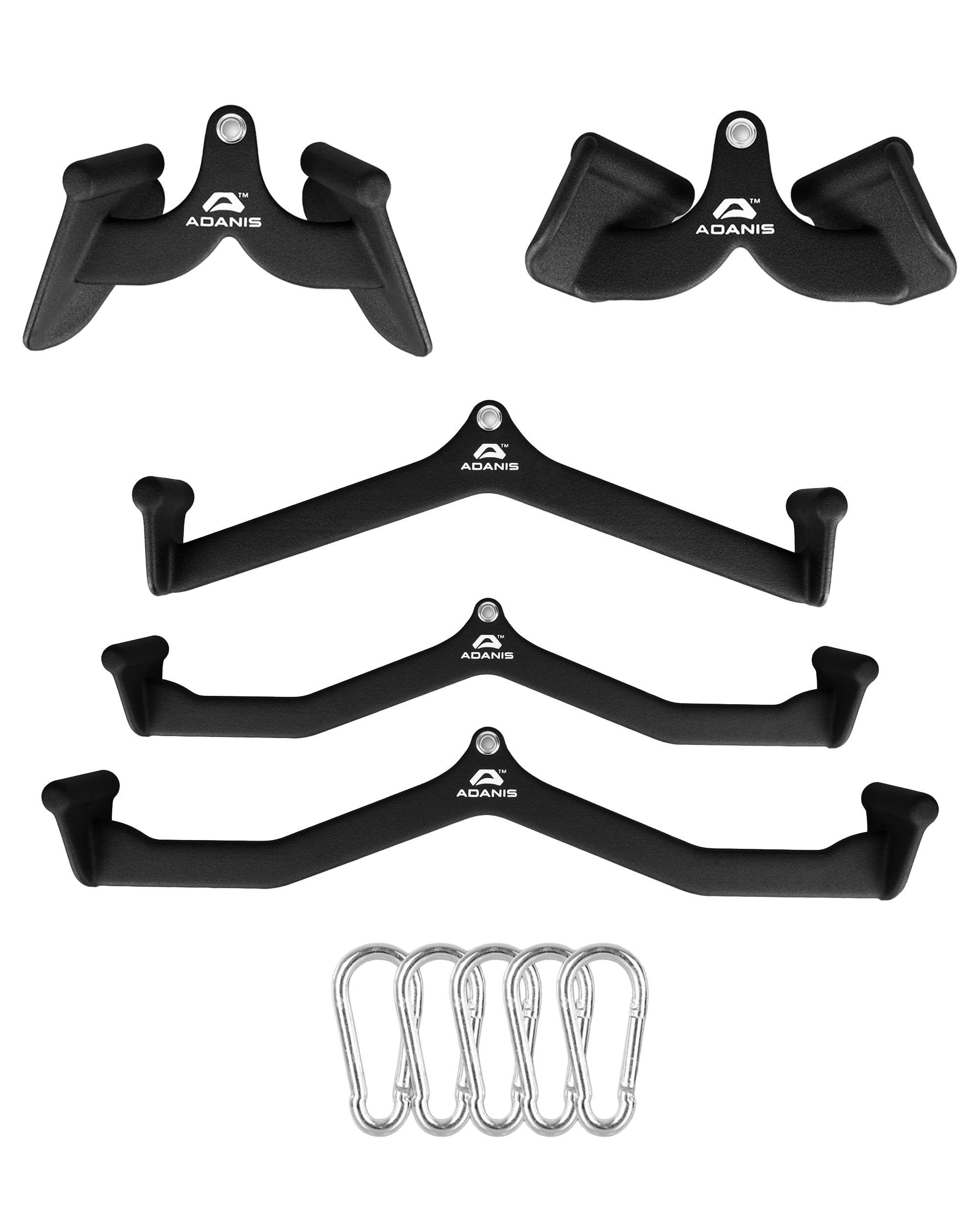 Adanis Gym Cable Machine Attachment Set for Home and Commercial Gyms, Multi Grip Lat Pulldown and Row Handles with Ergonomic Non Slip Design, Heavy Duty Build with Carabiners for Back and Arm Training