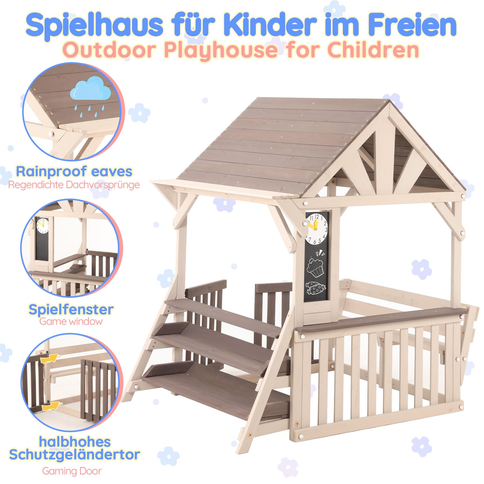 Set da cucina per esterni, a forma di casa, in legno con tetto antipioggia e ringhiera a mezza altezza, scaffale multiuso per piante e giocattoli, per bambini dai 3 anni in su, casa giochi