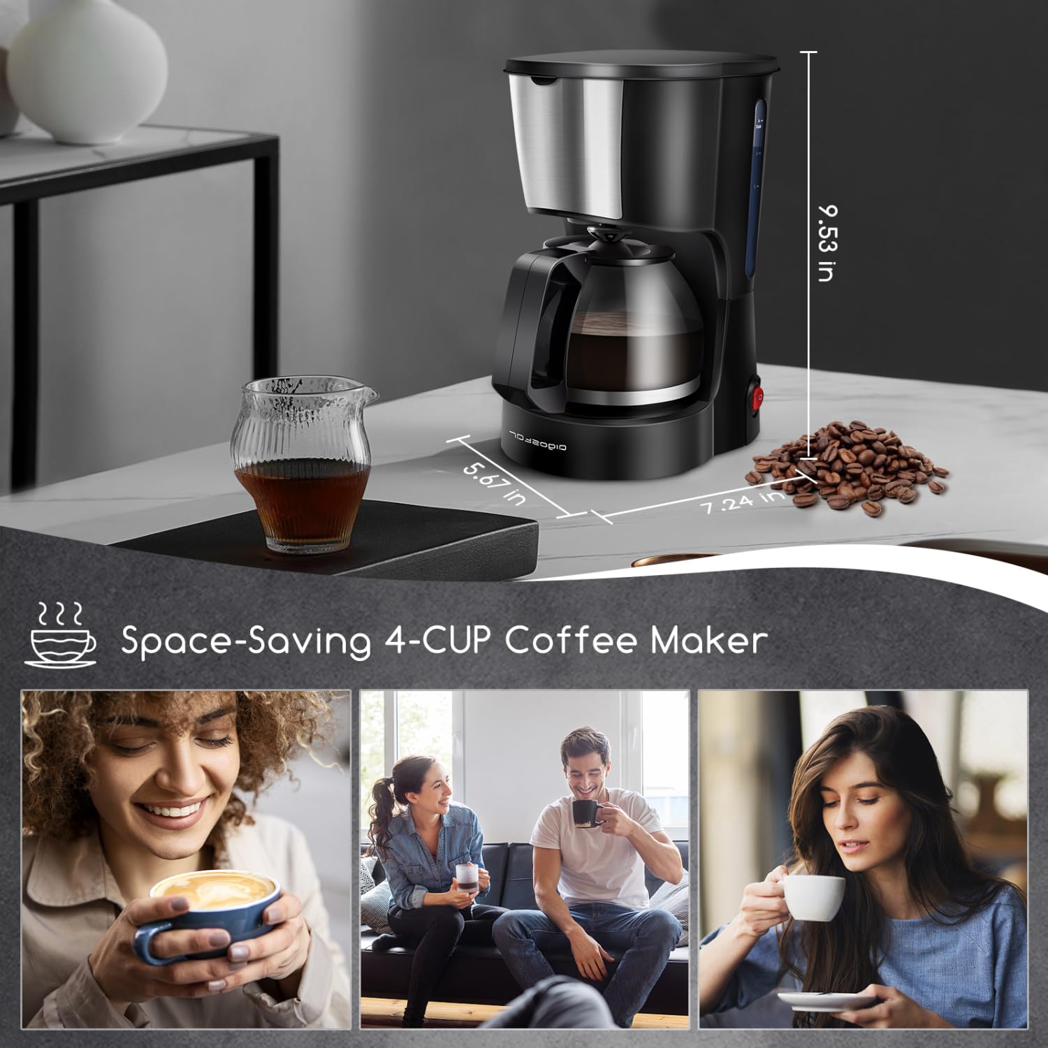 Aigostar Buck - Coffee Makers, 4 Cup Coffee Maker with Coffee Filter and Glass Carafe, Small Drip Coffee Machines with Stainless Steel Decoration for Home, Travel & Office, Black