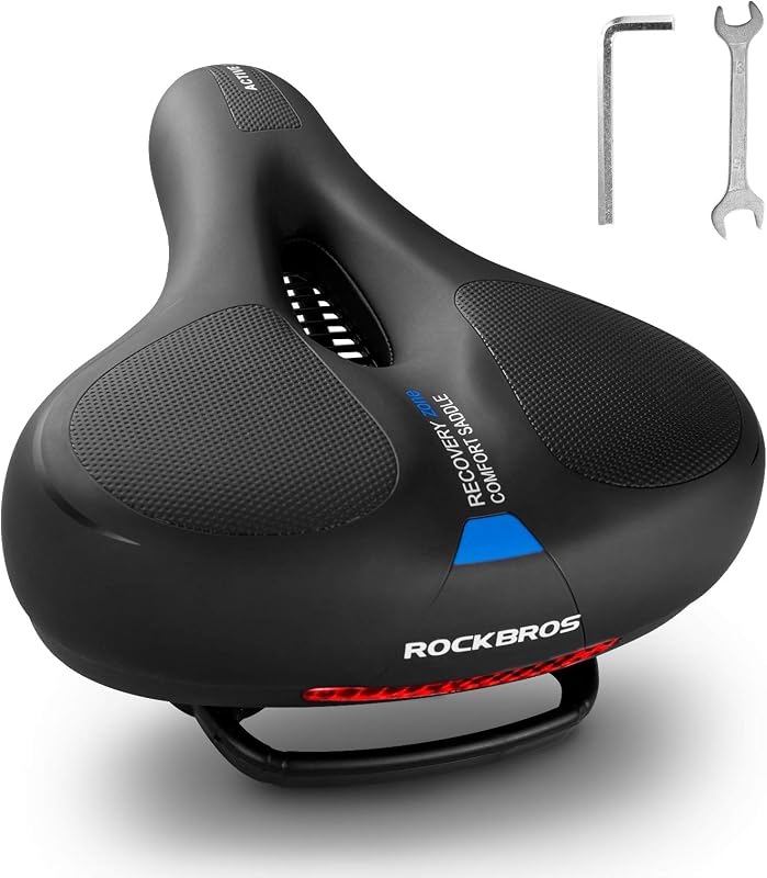 ROCKBROS Cojín para asiento de bicicleta, asiento de bicicleta ancho y suave para Peloton, Road | Sillín de bicicleta ergonómico para ejercicio, resistente al agua, para hombres y mujeres, mango de espuma viscoelástica con bola de doble absorción de impacto para fácil transporte