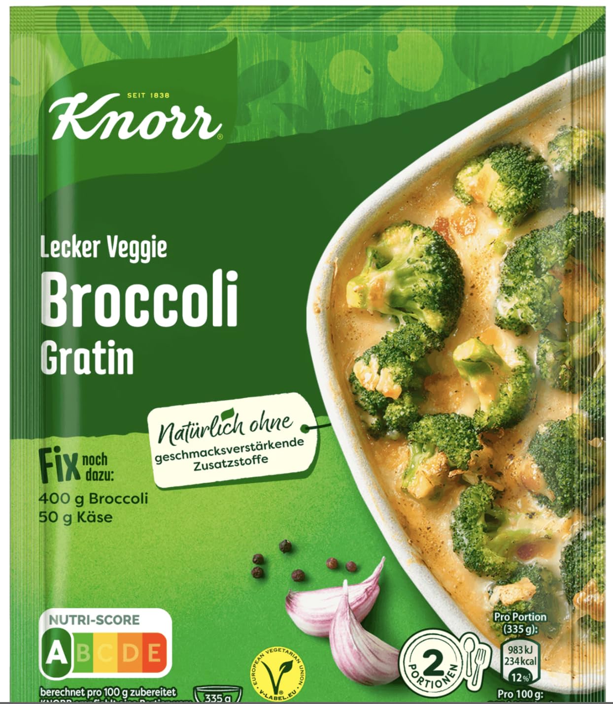 Broccoli-Gratin - Condimento tedesco per una preparazione rapida senza additivi, Broccoli Gratin - 2 porzioni - Miscela pronta in un istante - Compatibile con Knorr Fix - 49g