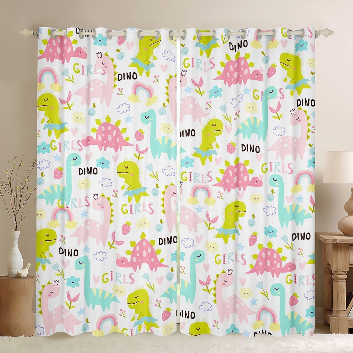 Homemissing Rainbow Dino Darkening Dreapes Pink Dino Blackout Curtains Jungle Dino Window Curtains Kids Toddler Colorful Window Treatments Wild Animal Curtains (2 Panels,W46*L54)