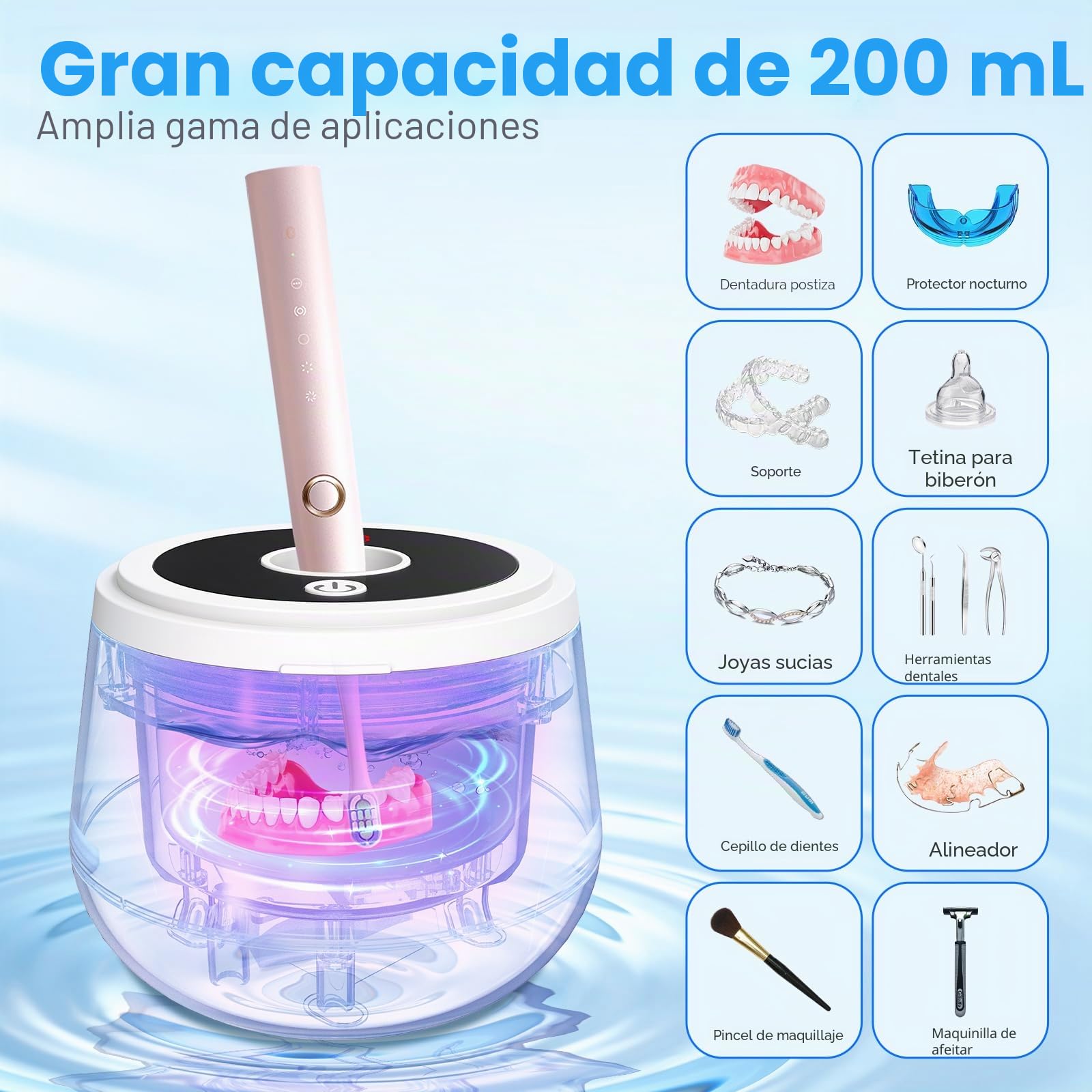 Limpiador de retenedores ultrasónico, 45 kHz, limpiador dental con cápsula y lámpara UV y 4 modos de limpieza, limpiador ultrasónico para joyas, alineador, protector nocturno, protector bucal