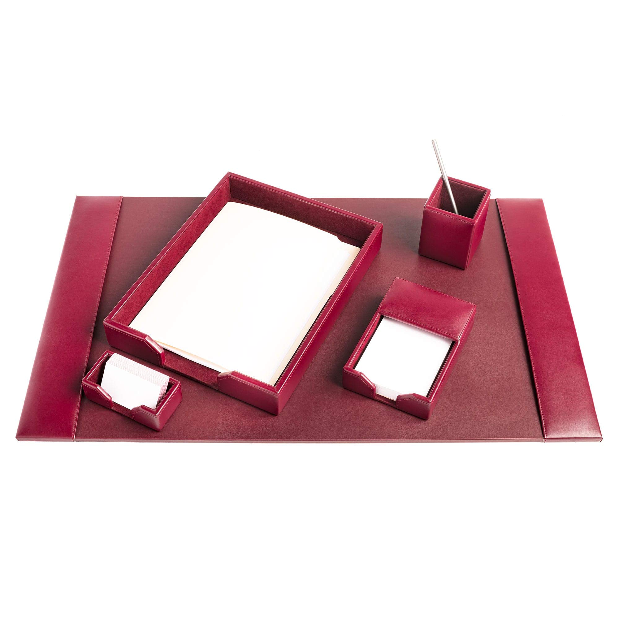 DACASSO Set da scrivania in pelle rigenerata, con sottomano e base in pelle di lusso (bordeaux, 5 pezzi)
