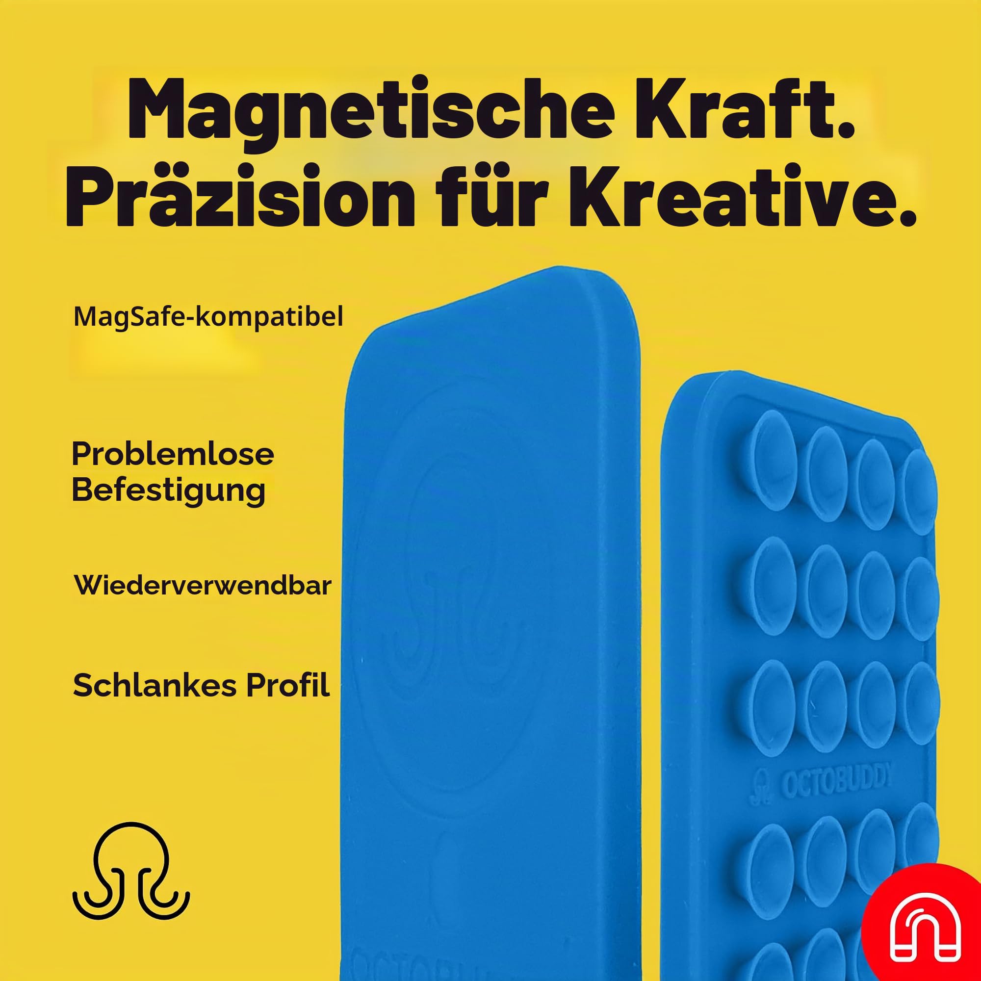 OCTOBUDDY Magnet - Magnetische Saugnapf-Handyhalterung - Magnet-kompatible Smartphone-Silikonhalterung - für freihändige Selfies und Videos - Zubehör für Content Creation - 66 x 99 mm, Transparent