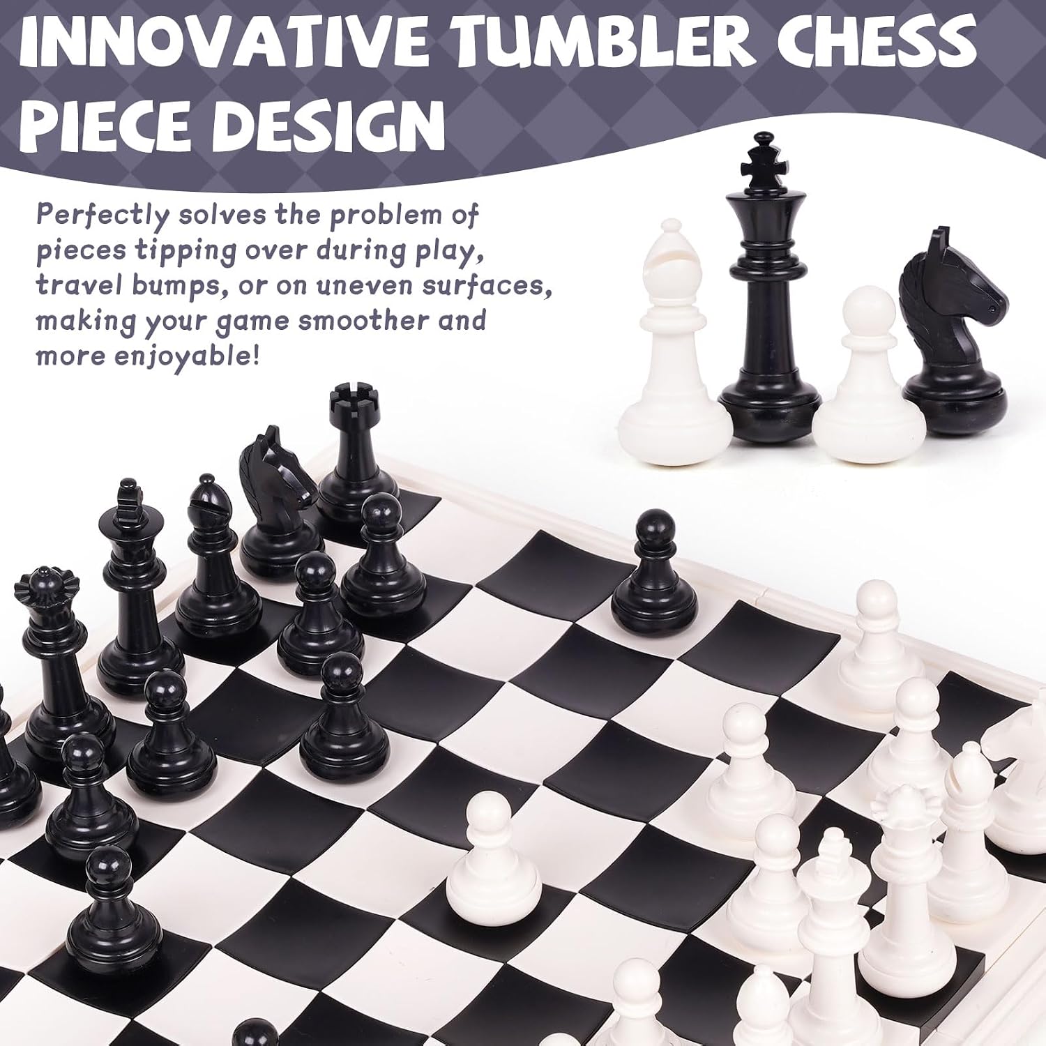 Wobble Travel Chess Set with Self-Righting Wobble Chess Pieces – DIY 64-Square Interlocking 11 Inch Chess Board – Portable ABS Chess Set for Adults, Educational Family Board Games
