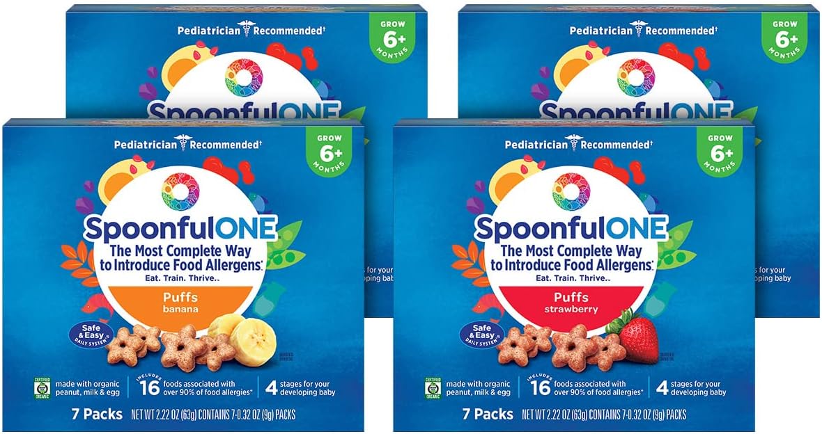 SpoonfulONE Food Allergen Introduction Puffs | Smart Feeding Snack for an Infant or Baby 6+ Months | Certified Organic (Variety, 14 Pack Strawberry + 14 Pack Banana)
