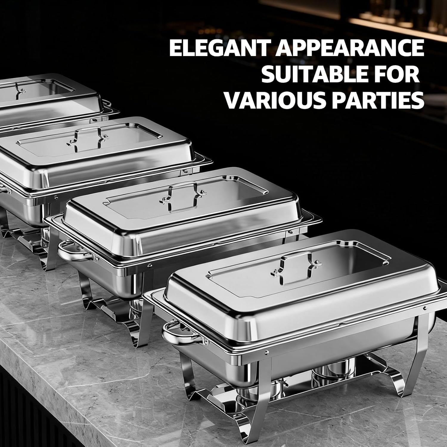 4 Pack Chafing Dish Buffet Sets, 8QT Food Warmer for Buffet, Half Size Food Pans Chafers and Buffets Warmers Sets for Catering (4 Pack Silver 1/2 Pan)