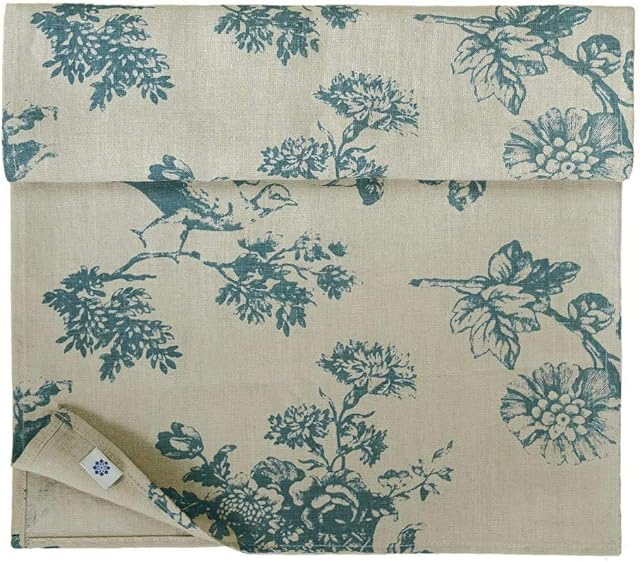 Linen & Cotton Floral Table Runner Flores - 100% Linen, Beige Blue (40 x 100 cm) Vintage Small Runner/Coffee Table Decoration for Home Kitchen Dining Room