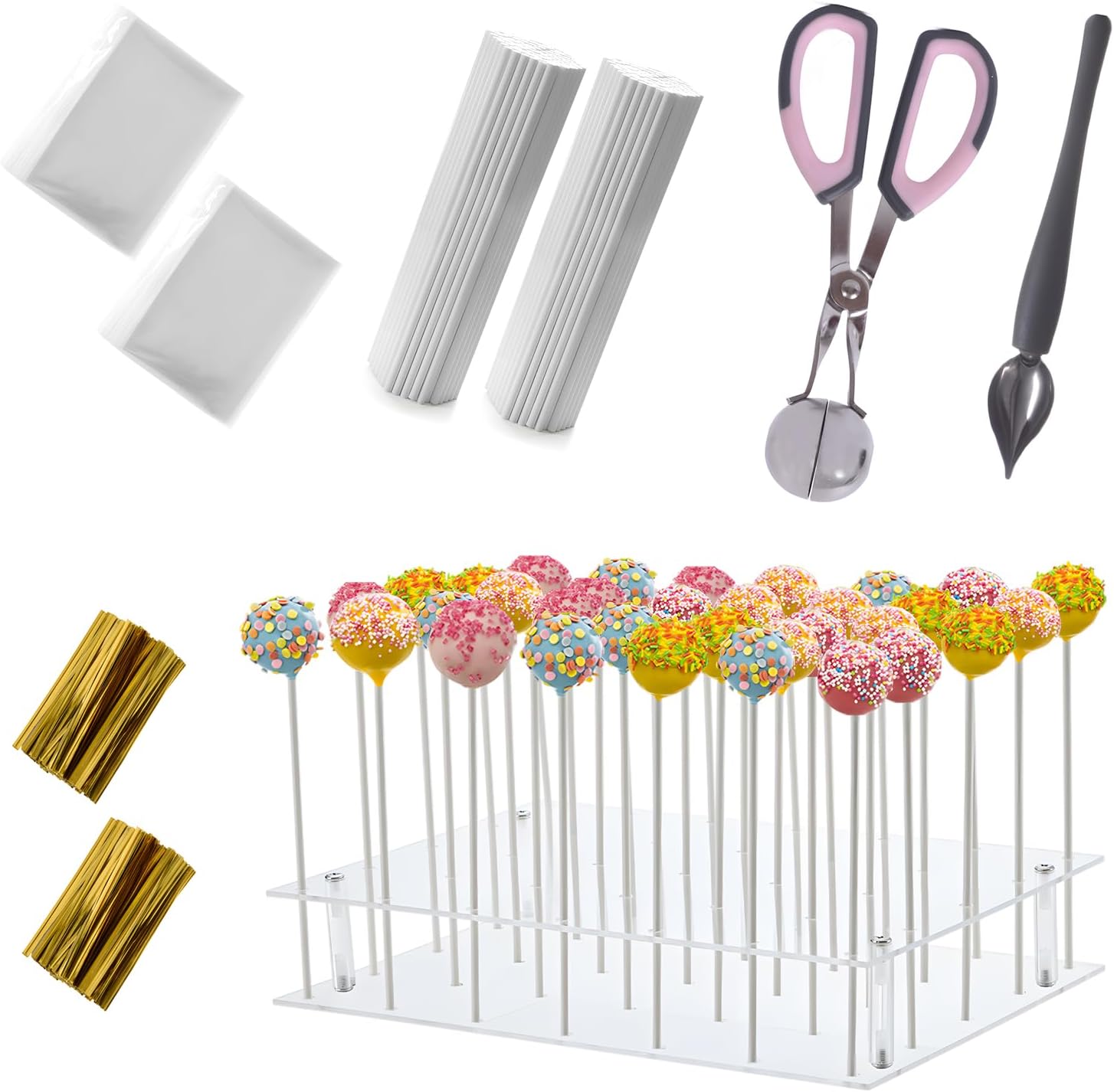 Cake Pop Kit Including 200 pcs 6 inch Lollipop Sticks and 200 pcs Clear Wrappers, 15 hole Clear Acrylic Display Stand, 1 pcs Metal Baller Scoop, 1 pcs Culinary Decorating Scooper, Gold Twist Ties