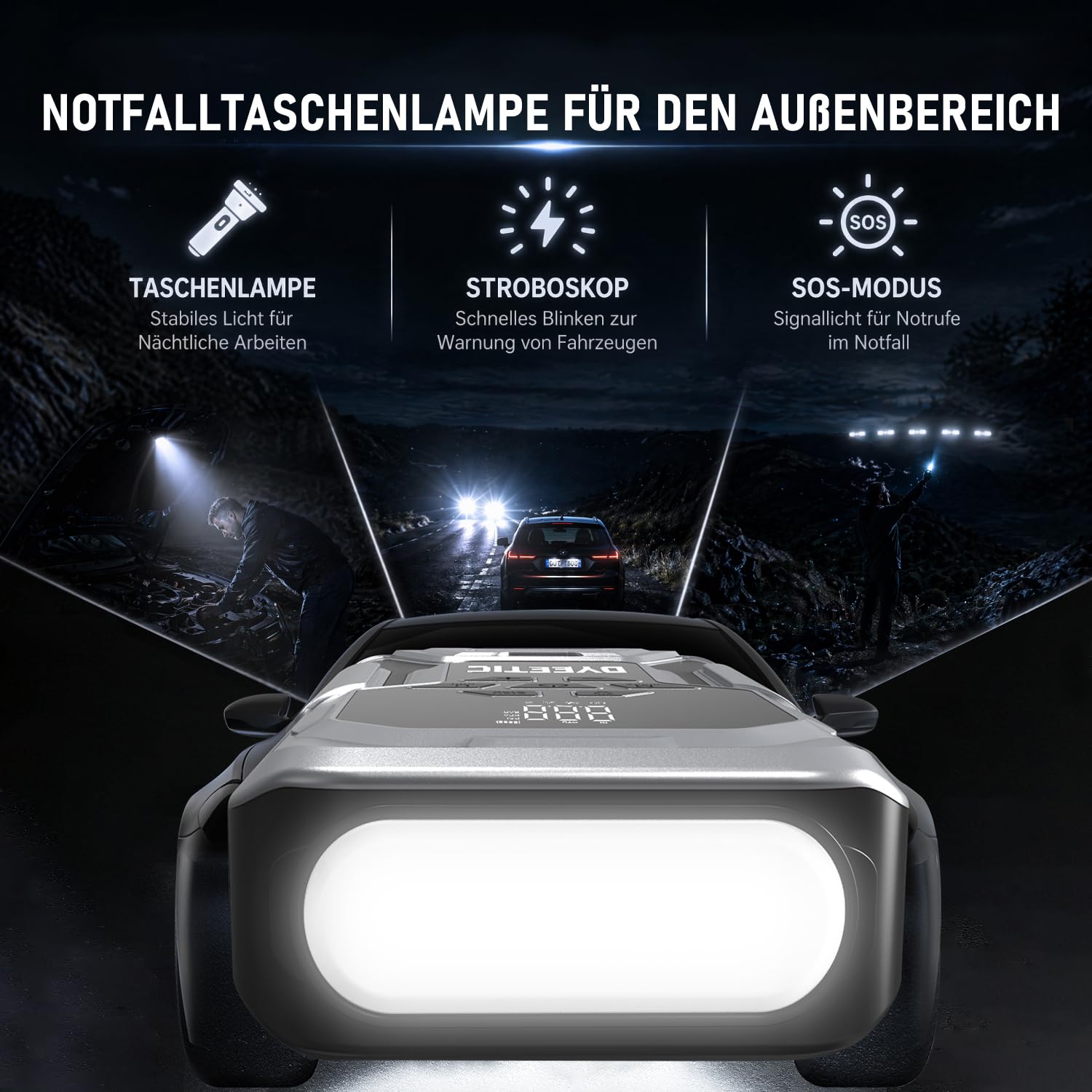 Starthilfe Powerbank mit Luftkompressor, DYEETIC Starthilfegerät 7000A 88Wh | Autobatterie Tragbarer Booster, 12V JumpStarter für alle Benzin/12L Dieselmotoren/Hybrid), 18W Schnelllade USB Ausgänge
