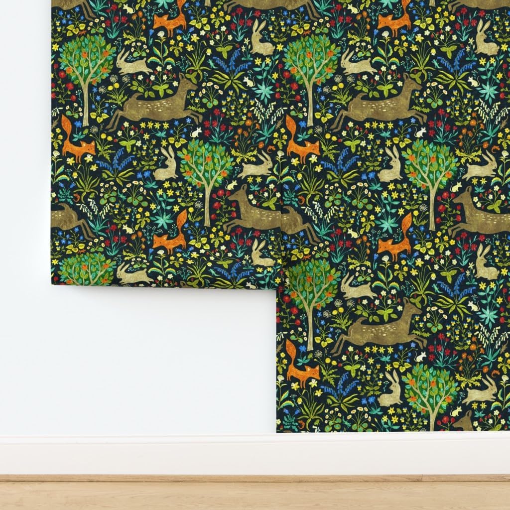 Removable Wallpaper 3ft x 2ft - Animals Deer Fox Forest Flowers Rabbit Custom Pre-Pasted Wallpaper by Spoonflower