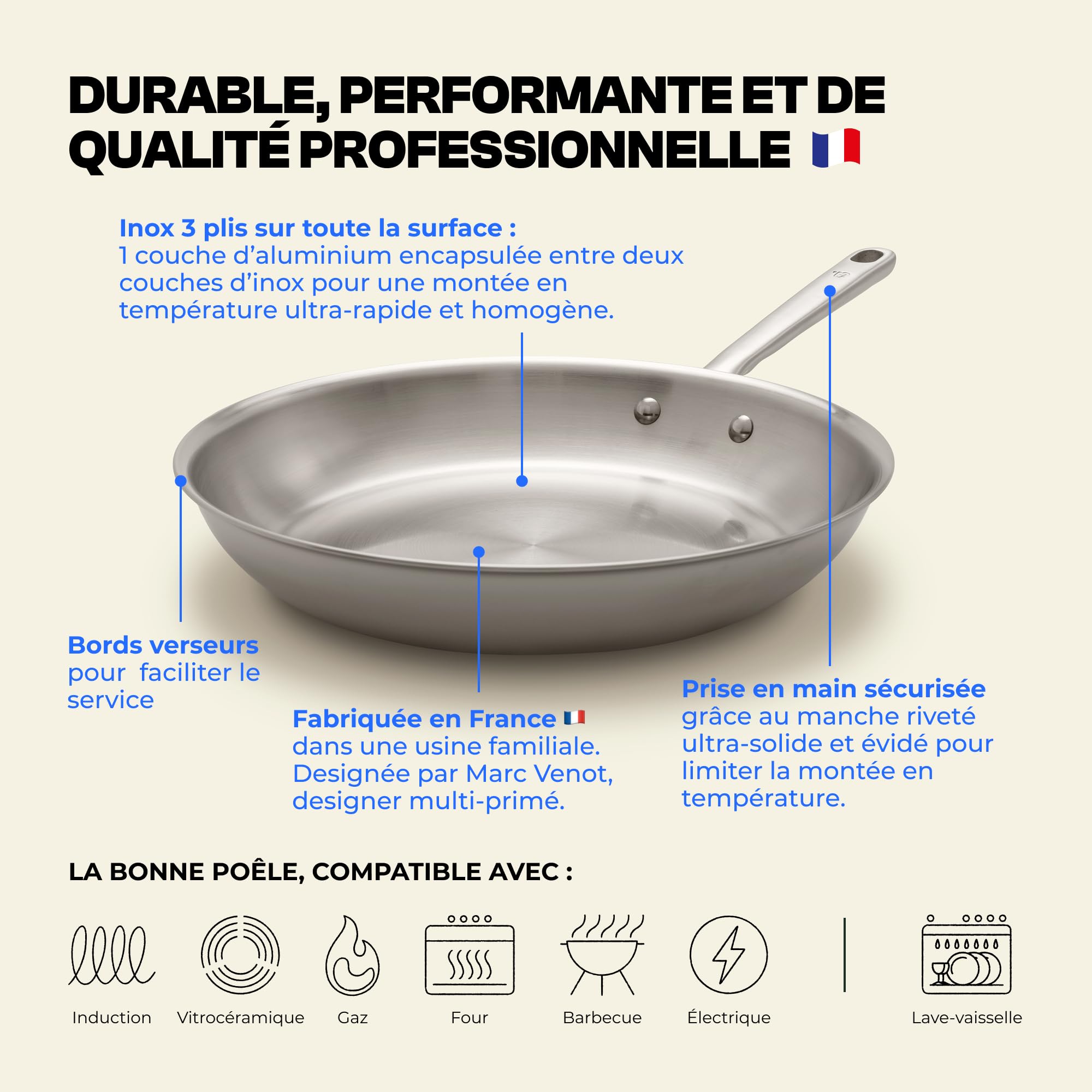 Atma la Bonne Poêle Inox Triple Couche - Poêle Induction 32cm avec Manche Riveté - Sans PFAS ni Revêtement Chimique - Compatible Tous Feux et Four - Fabriquée en France