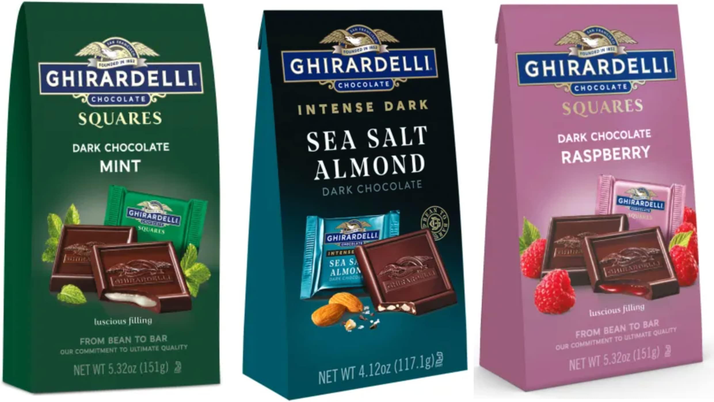 Dark Chocolate Squares 3 Flavor Variety Bundle, 1 each: Mint, Sea Salt Soiree, and Raspberry, (4.12-5.32 Ounces)