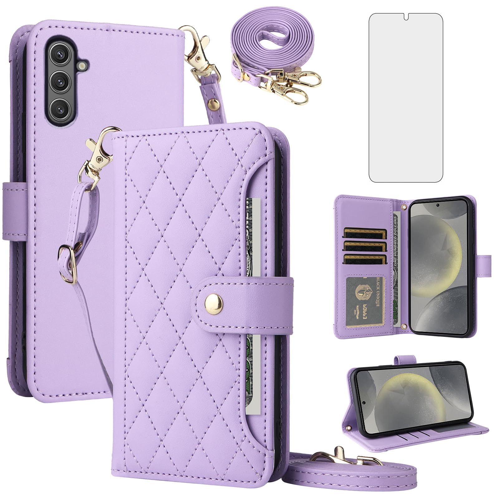 Phone Case for Samsung Galaxy A25 5G Wallet Cell Cover with Tempered Glass Screen Protector Strap Flip Credit Card Holder Accessories Stand Lanyard Wrist A 25 25A SM-A256U Women Girls Purple