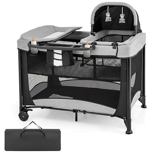 Miniatura 13 de HONEY JOY 5 en 1 Pack and Play con moisés, centro de guardería infantil Pack and Play con cuna para recién nacidos y juguetes colgantes, bolsa de