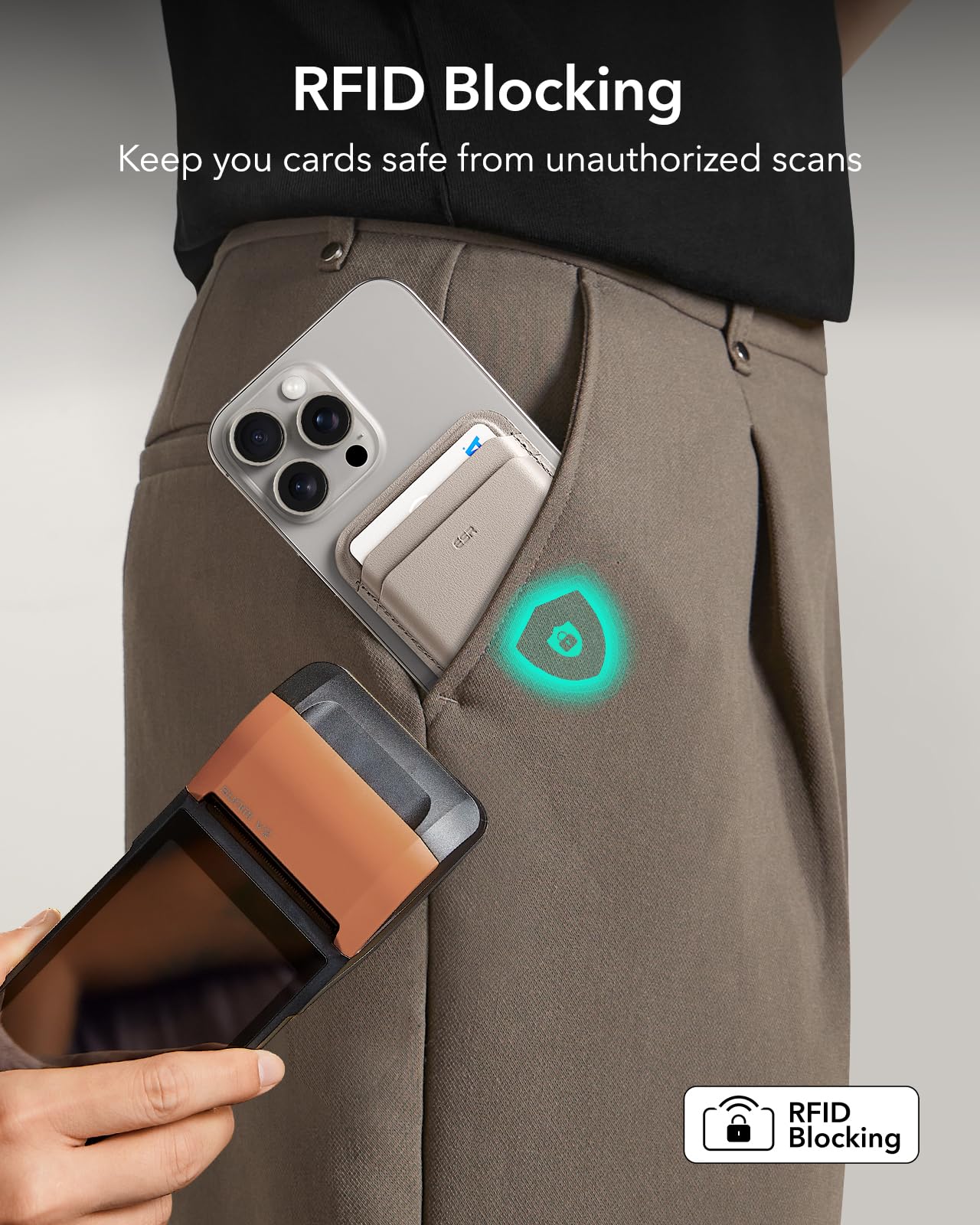 ESR Aura MagSafe Wallet met standaard, 5 kaarthouder, vingerlus voor veilige grip, RFID-bescherming, voor iPhone 17/16/15/14/13/12, voor Google Pixel 10/Pro/Pro XL, niet voor mini, woestijnzand