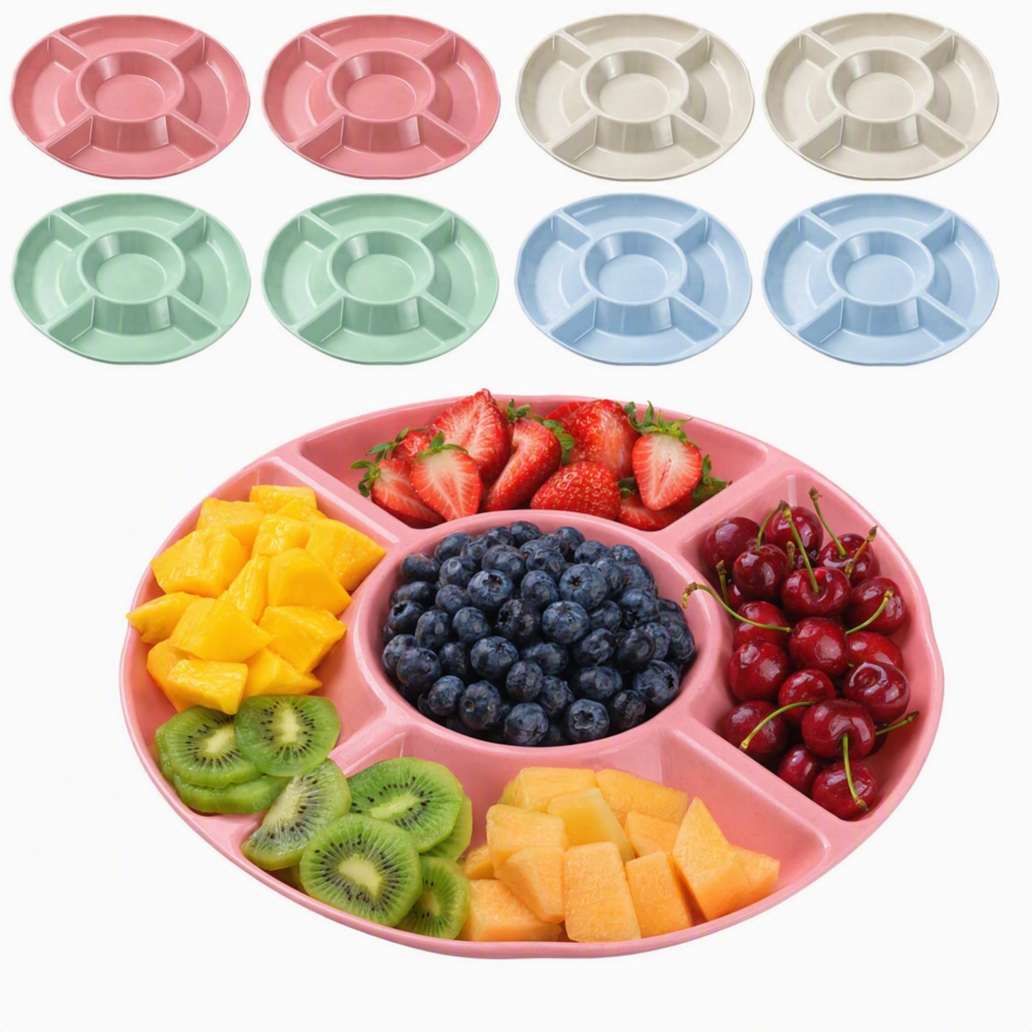 8 Pcs Snack Tray, 5 Section Circular Divider Compartment Plastic Trays