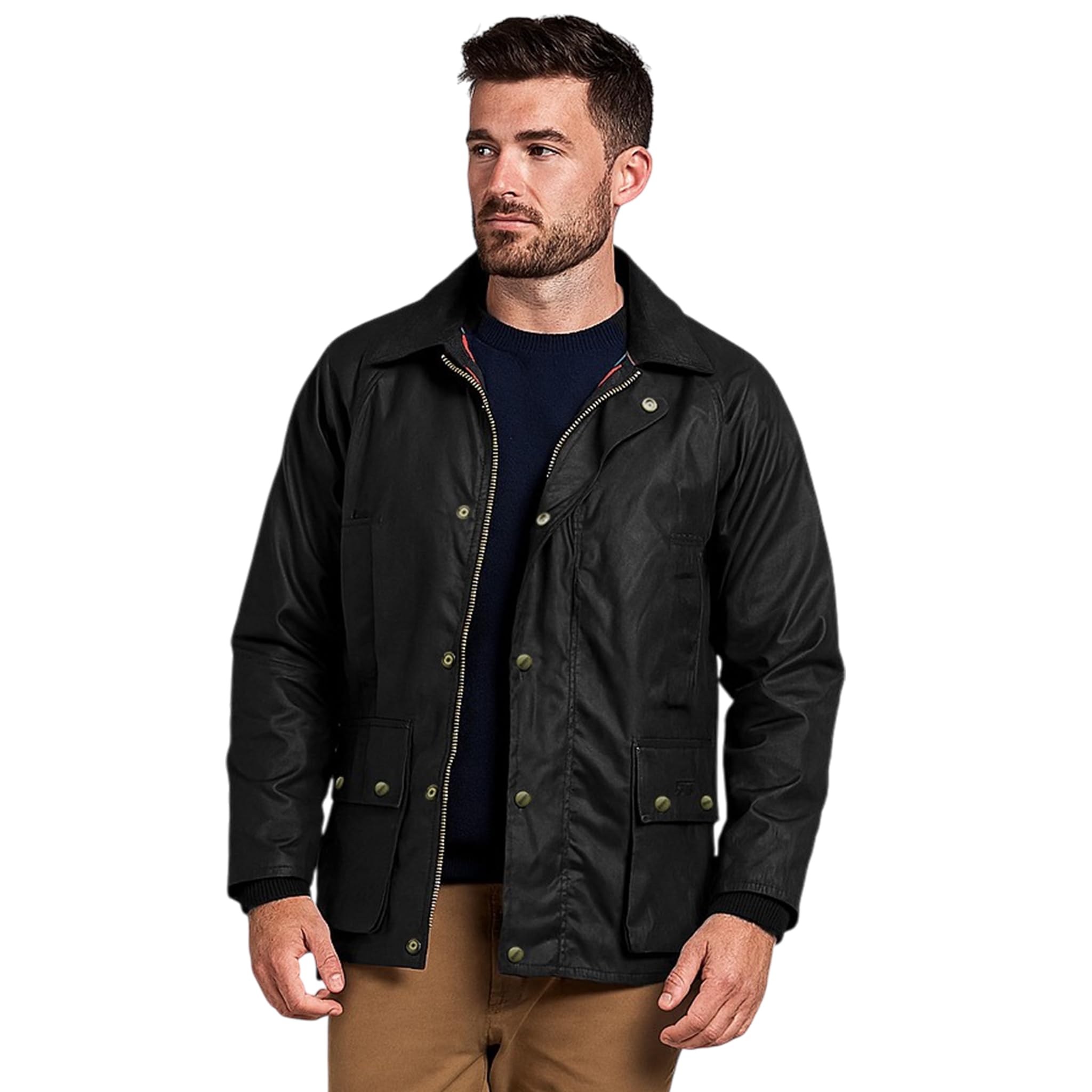 Men's Barker Wax Jacket with Detachable Hood & Tartan Linning - Brown, Short Length, 40 inches