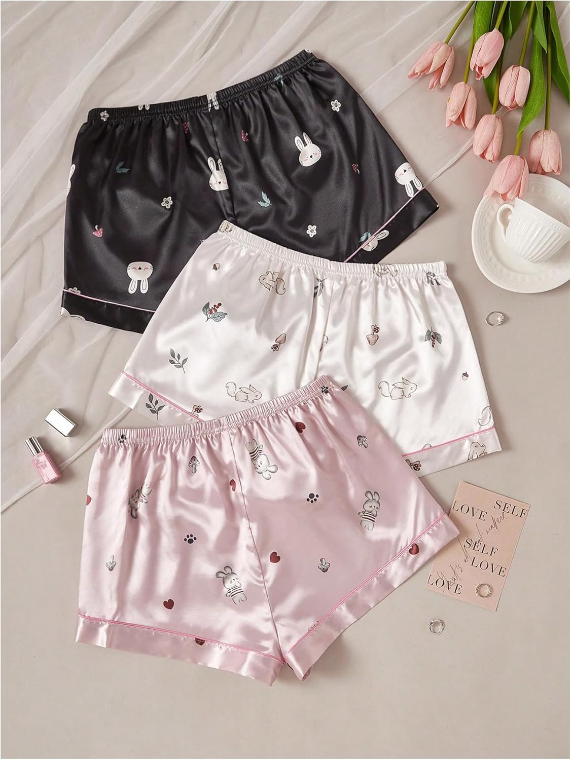 GORGLITTER Women's 3 Piece Satin Pajama Sleep Shorts Cute Soft Floral Print Christmas Lounge Pj Shorts - Image 2