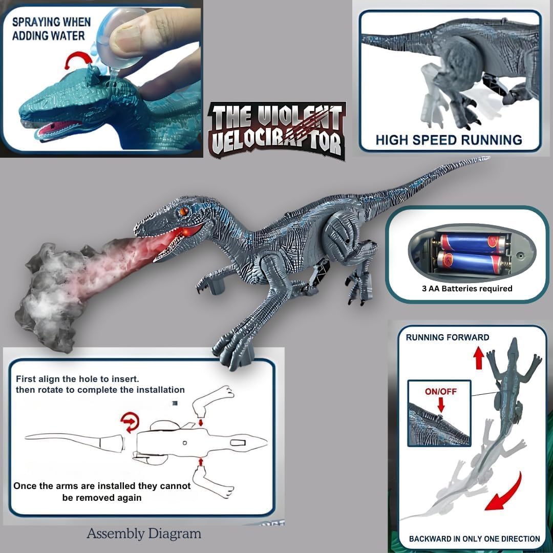 Jack Royal Remote Control Dinosaur Toy - Walking & Roaring Velociraptor with Mist Spray Smoke Effect, Realistic Movement, and Rechargeable Battery – Interactive RC Dino for Kids - Image 3 thumbnail