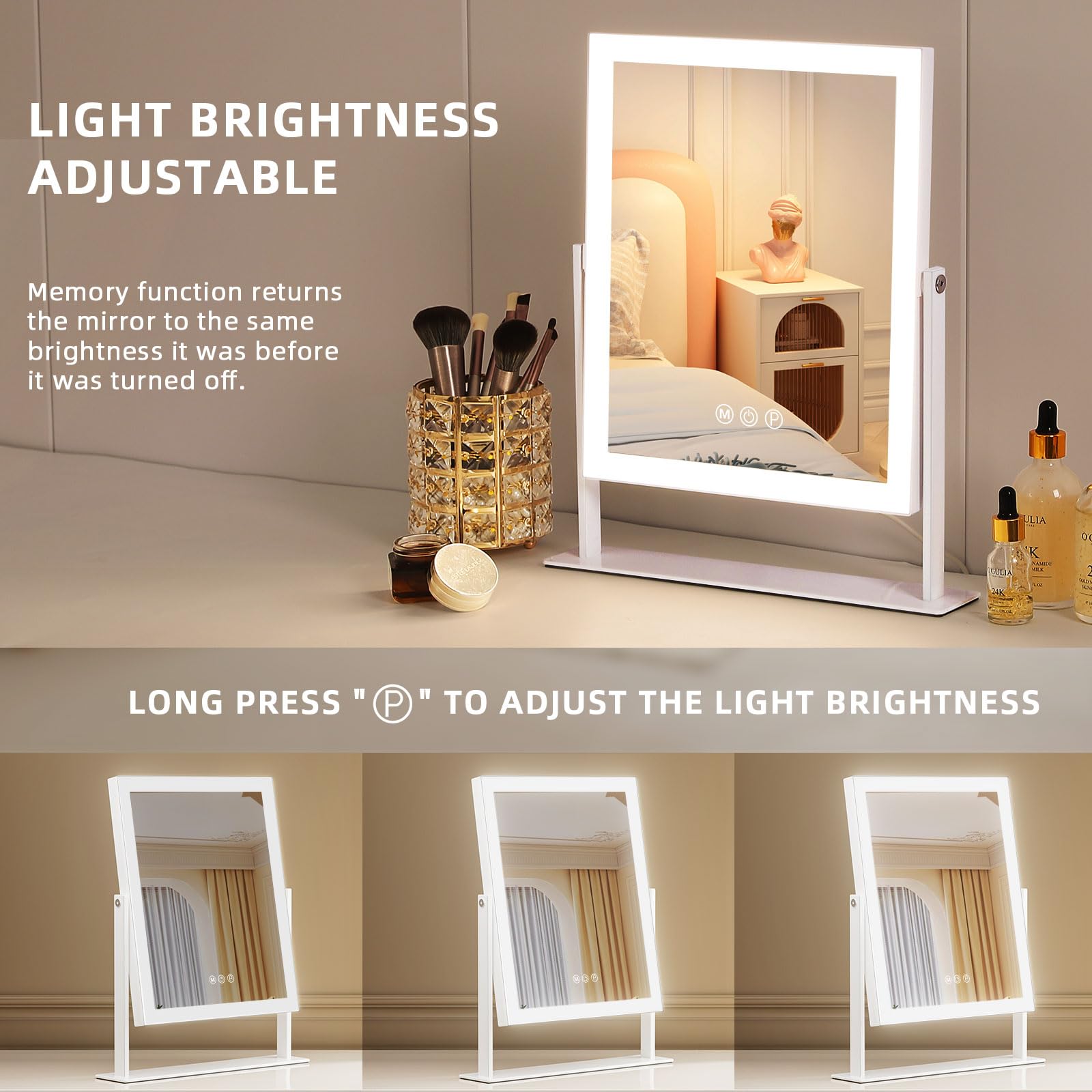 FENCHILIN Lusterko do makijażu z oświetleniem, lustro Hollywood, 3 kolory, ściemnianie, Smart Touch, powiększenie 10x, obrót 360°, białe