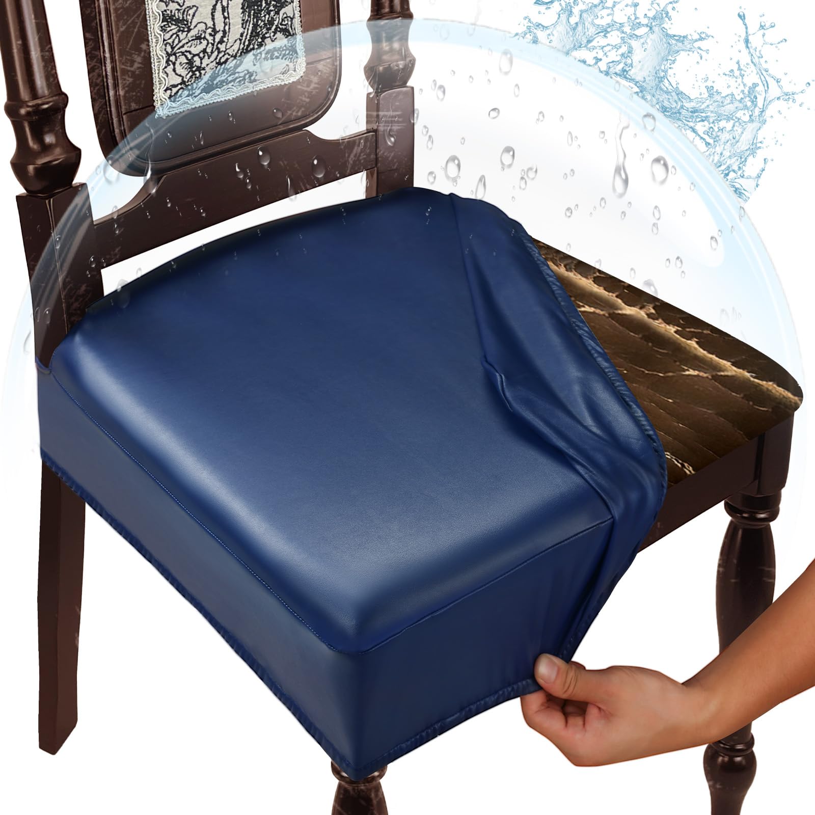 Photo 1 of WUSOUPU Waterproof Dining Chair Seat Covers Leather Kitchen Seat Covers, Stain Resistant Stretch Chair Seat Covers for Dining Room Chairs Set of 6, Rear Covered Washable Dining Chair Covers Navy