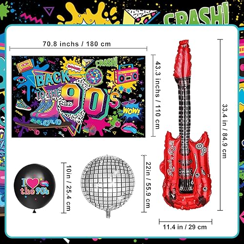 Miniatura 3 de Las decoraciones de fiesta de los años 90 incluyen telón de fondo de los años 90, globos de aluminio y látex, adornos para pasteles y cupcakes,