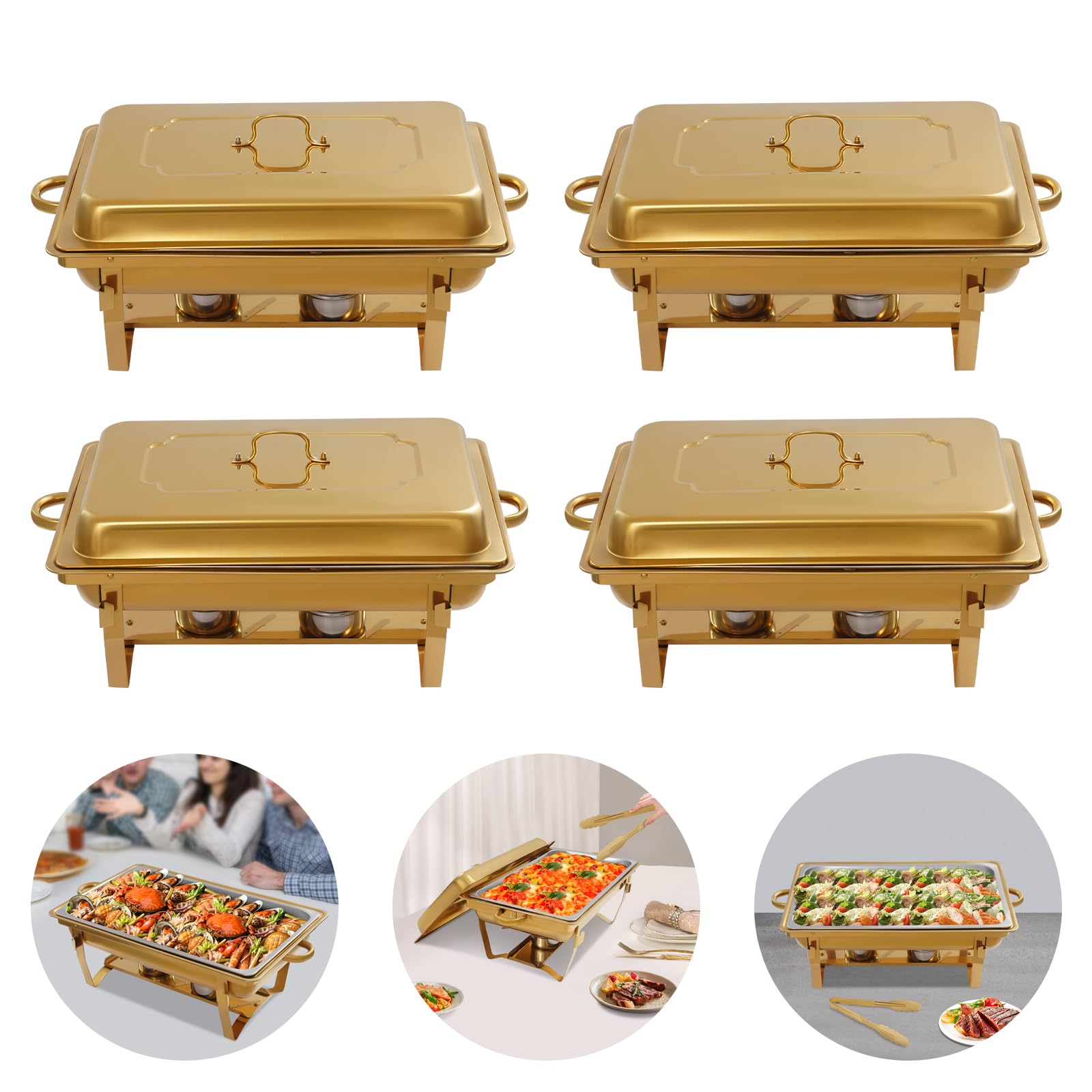 Zestaw 4 pojemników do podgrzewania Chafing Dish Golden – 7,5 l, ze stali nierdzewnej, profesjonalny zestaw wraz z 4 szczypcami do serwowania – do cateringu, bufetu, na imprezę (stal
