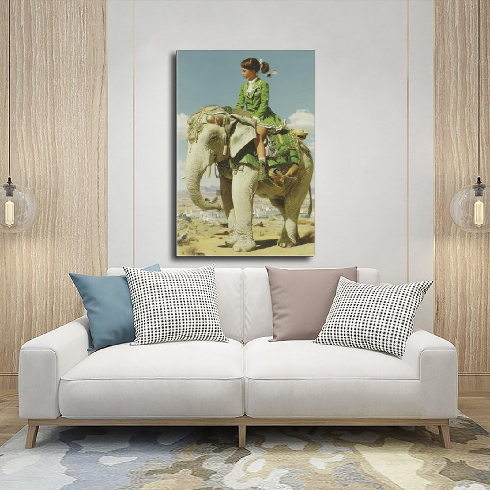Poster su tela con elefante che cavalca una ragazza