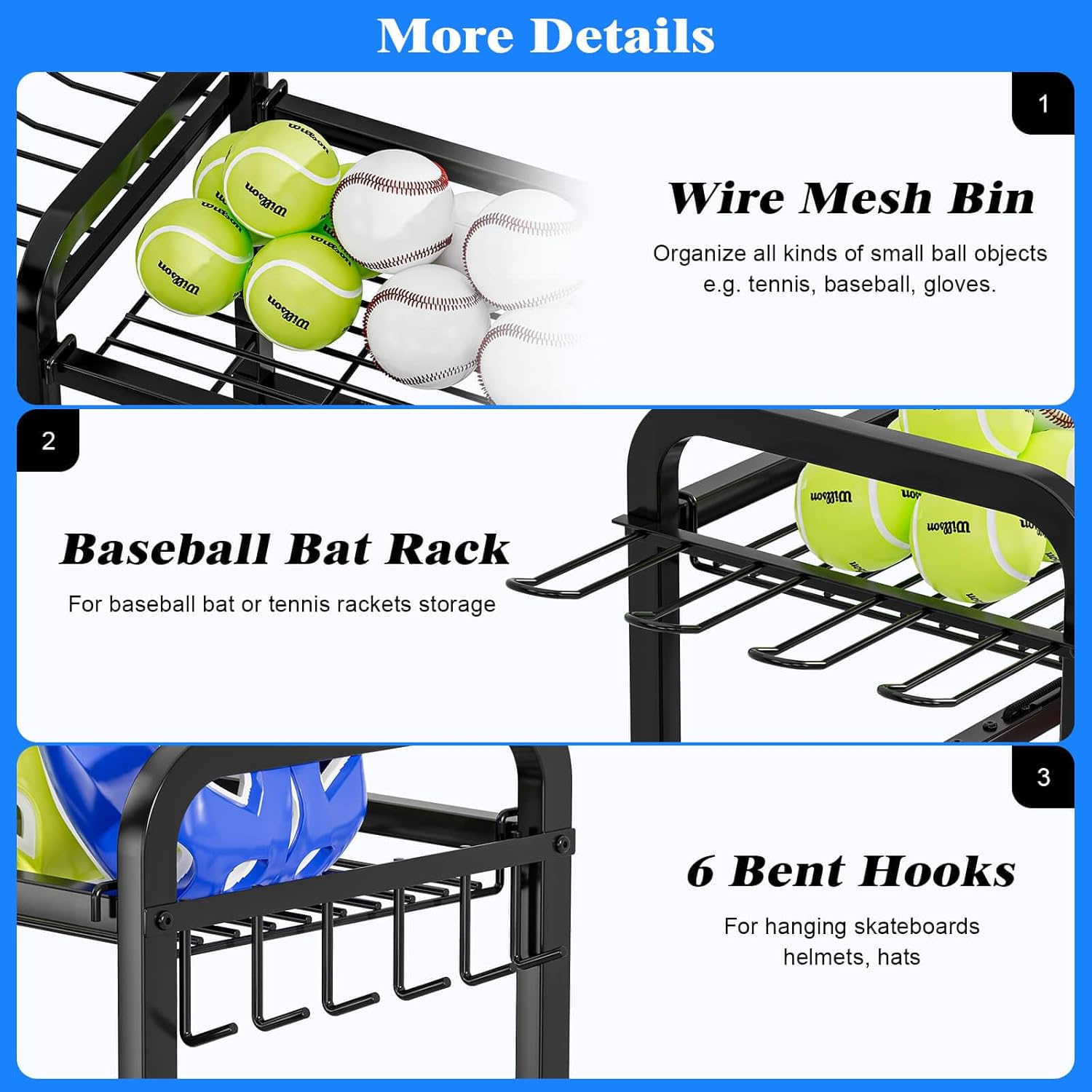 Garage Ball Storage Rack - Sports Equipment Organizer with Wheels, Rolling Sports Ball Cart with Elastic Rope, Outdoor Ball Holder for Basketball Soccer Volleyball Football, Garage Toy Storage