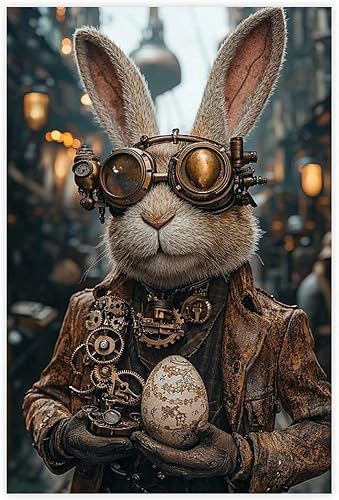 Miniatura 1 de Steampunk Easter Bunny Wall Art  Victorian Cyber Rabbit with Mechanical Gear Egg  Retro Industrial Sci-Fi Poster  Unique Easter Decor & Gift for