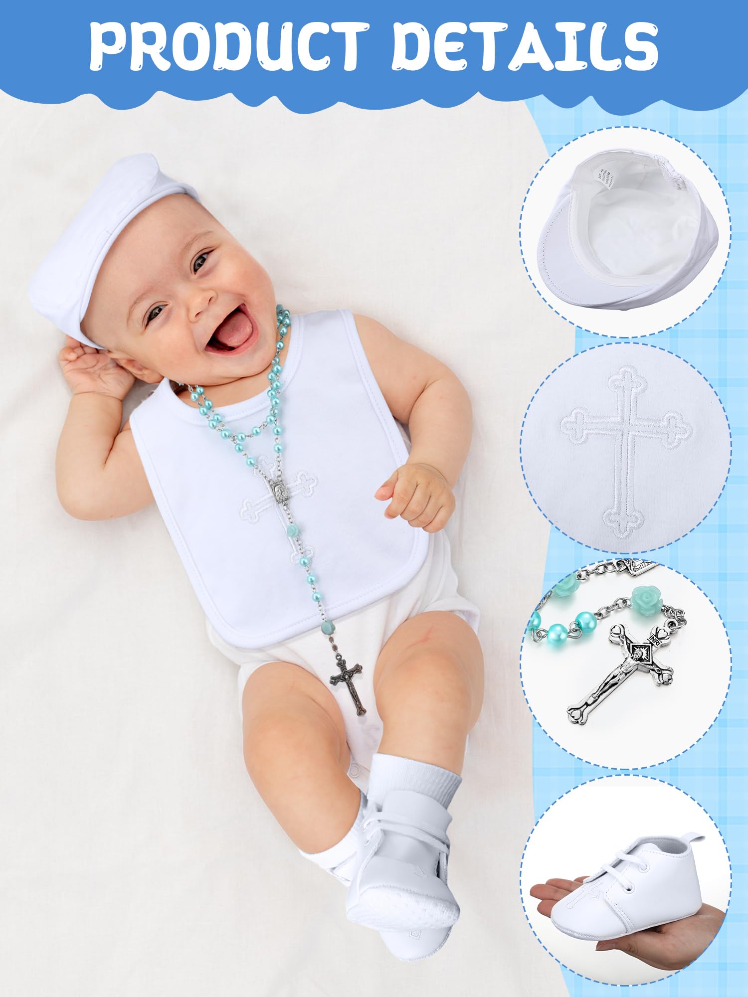 5 baberos de bautizo para bebés y niños, calcetines de bautizo, zapatos, sombrero, rosario, trajes de bautizo blancos para niños pequeños, regalo de primera comunión, blanco, aproximadamente