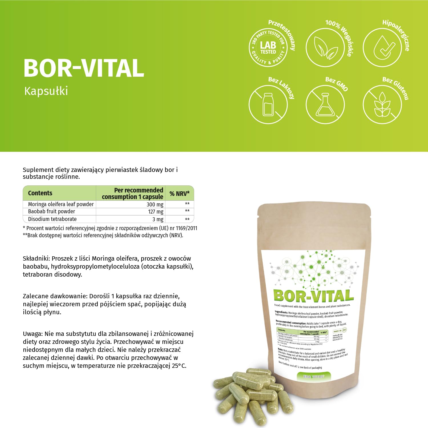 Bor-Vital 3mg je 540 Kapsel Kapseln mit wichtigen Pflanzenstoffen für optimale Bioverfügbarkeit einer Konzentration von Bor ≤ 0,3% vegan (540 stück (1er Pack))