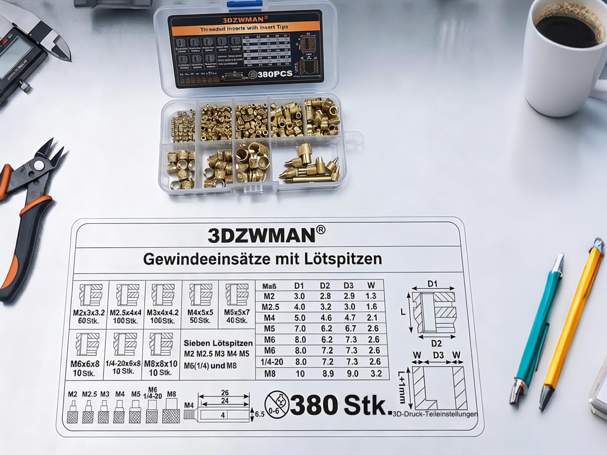 Vertikale Hitze-Pressmaschine,Heat Set Insert Tool,Messing Einsätze 3D Druck,Heat Set Insert Spitze für Gewinde Rändelmutter M2/M3/M4/M5/M6 (1/4)/M8 (ZW12H+380PCS) | Einsteckhöhe 210 mm, mit 380 Gewindeeinsätzen und Schnellwechsel, M2-M8-Größen Wärmeeinsa