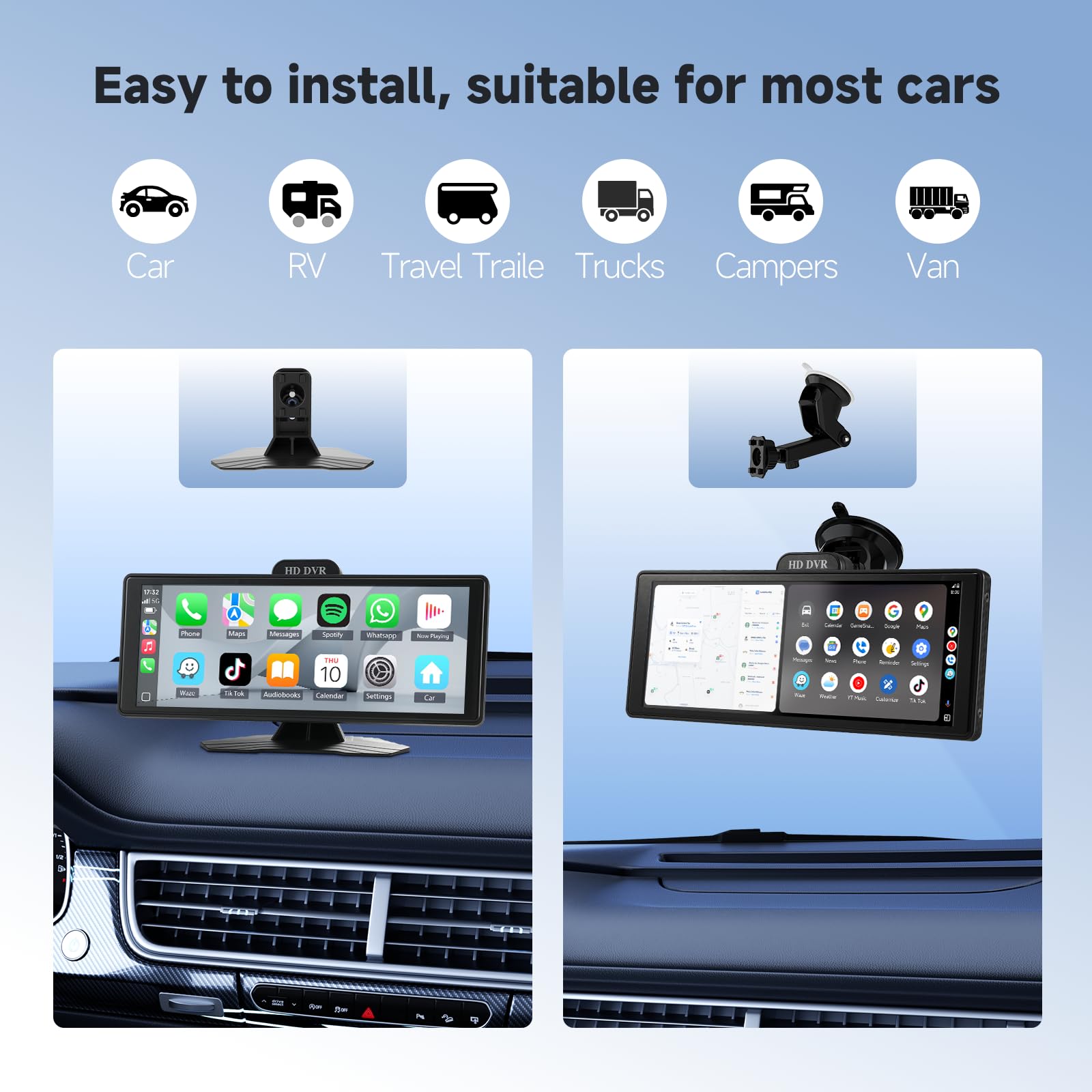 Haudio CarPlay Autoradio écran,pour Carplay et Android Auto sans Fil,Écran Tactile IPS de ecran Voiture,Autoradio Portable avec Mirror Link/Bluetooth/GPS Navigation/Siri/Goo-gle| AUX|FM (10,26 Pouces)