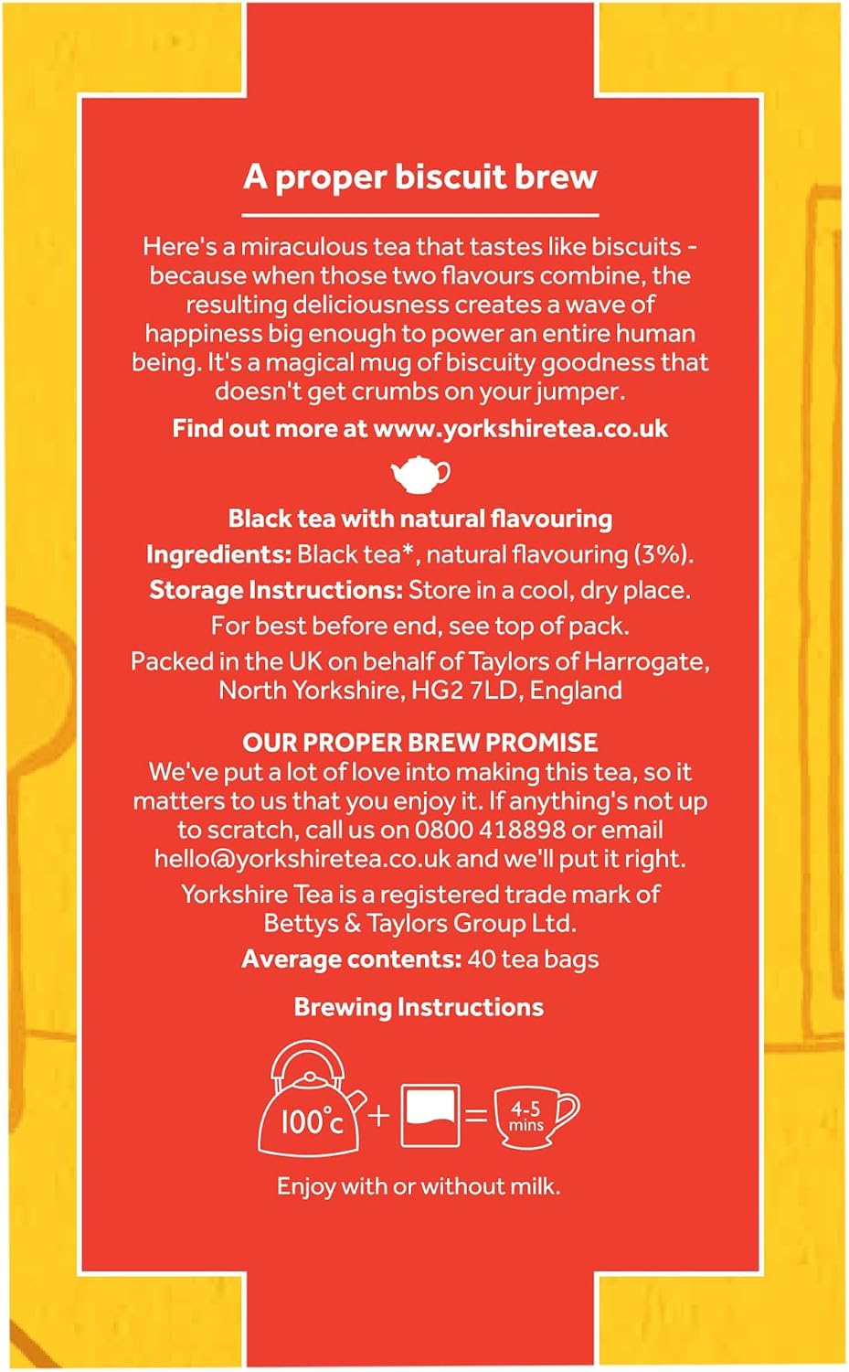 Yorkshire Tea — чай с солодовыми печеньями, черный чай, чайные пакетики, 40 штук (1 упаковка), кофеин, можно пить горячим или холодным, 40 чайных пакетиков